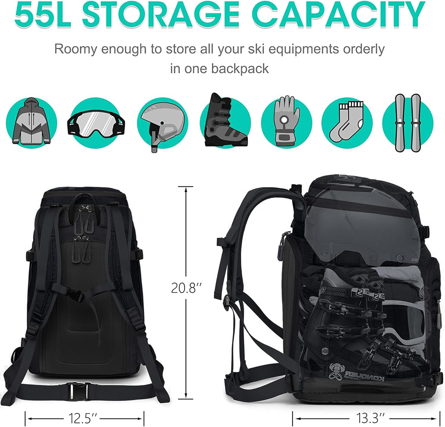 55L Waterproof Ski Boot Backpack