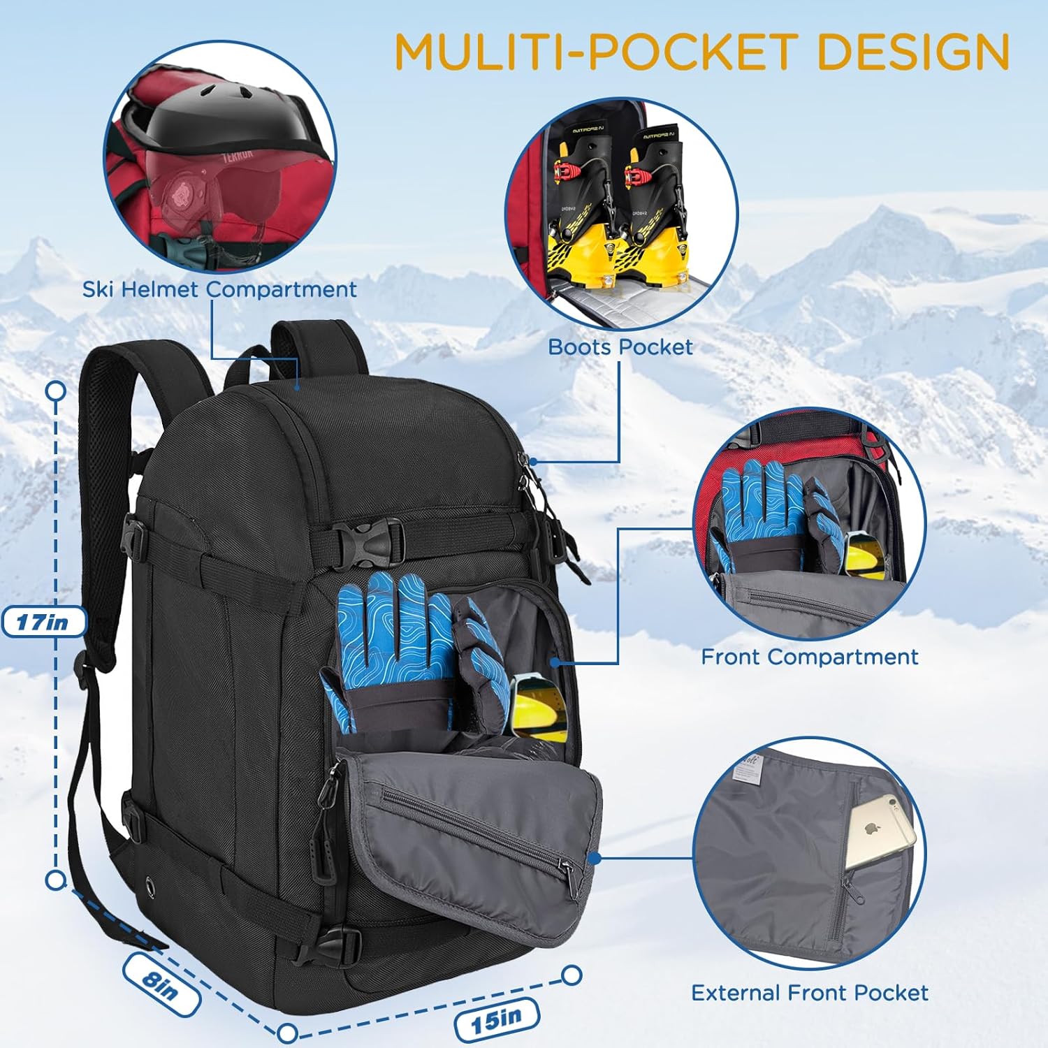 50L Ski Boot Bag for Travel, Helmets, Gloves, Goggles