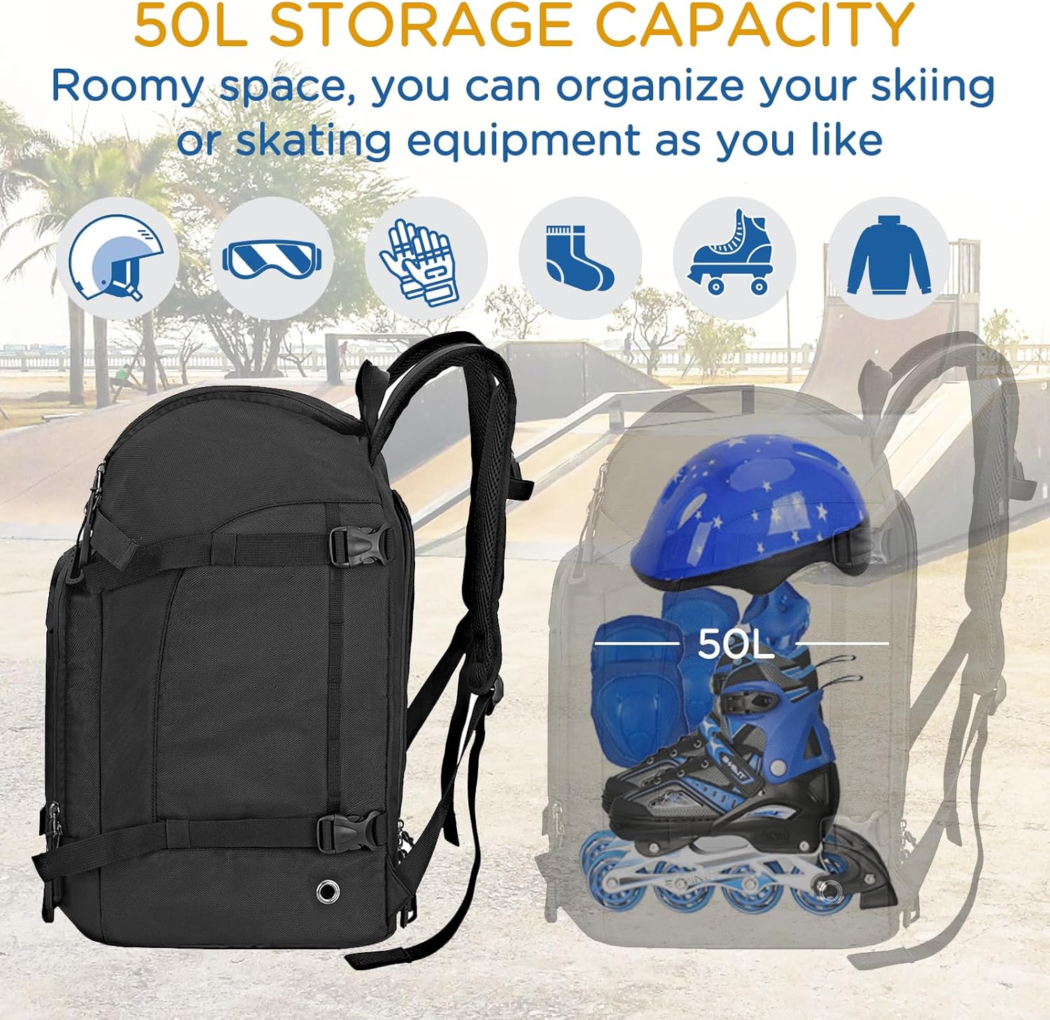 50L Ski Boot Bag for Travel, Helmets, Gloves, Goggles