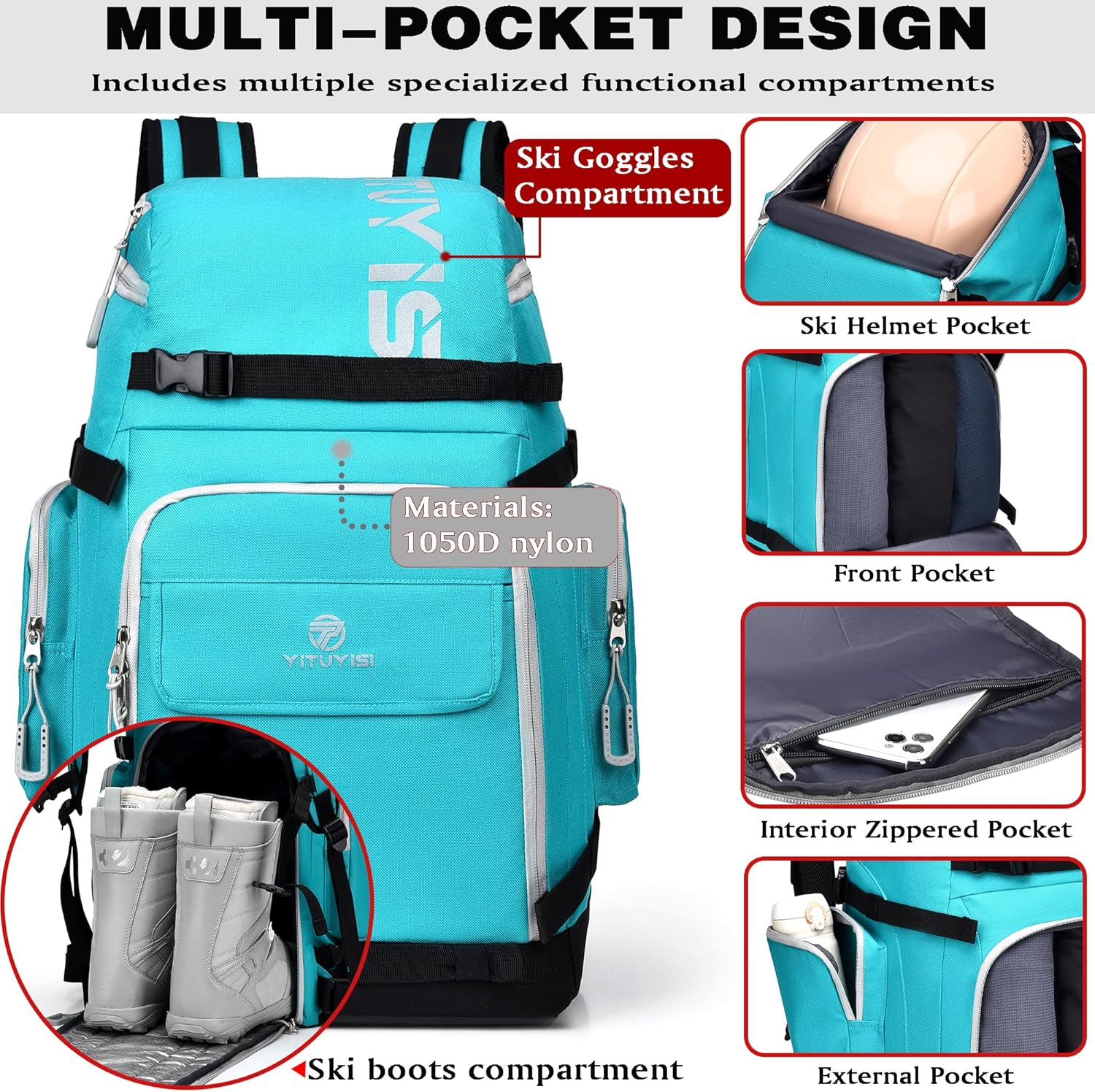 **55L Waterproof Ski Boot Backpack - Lake Blue**