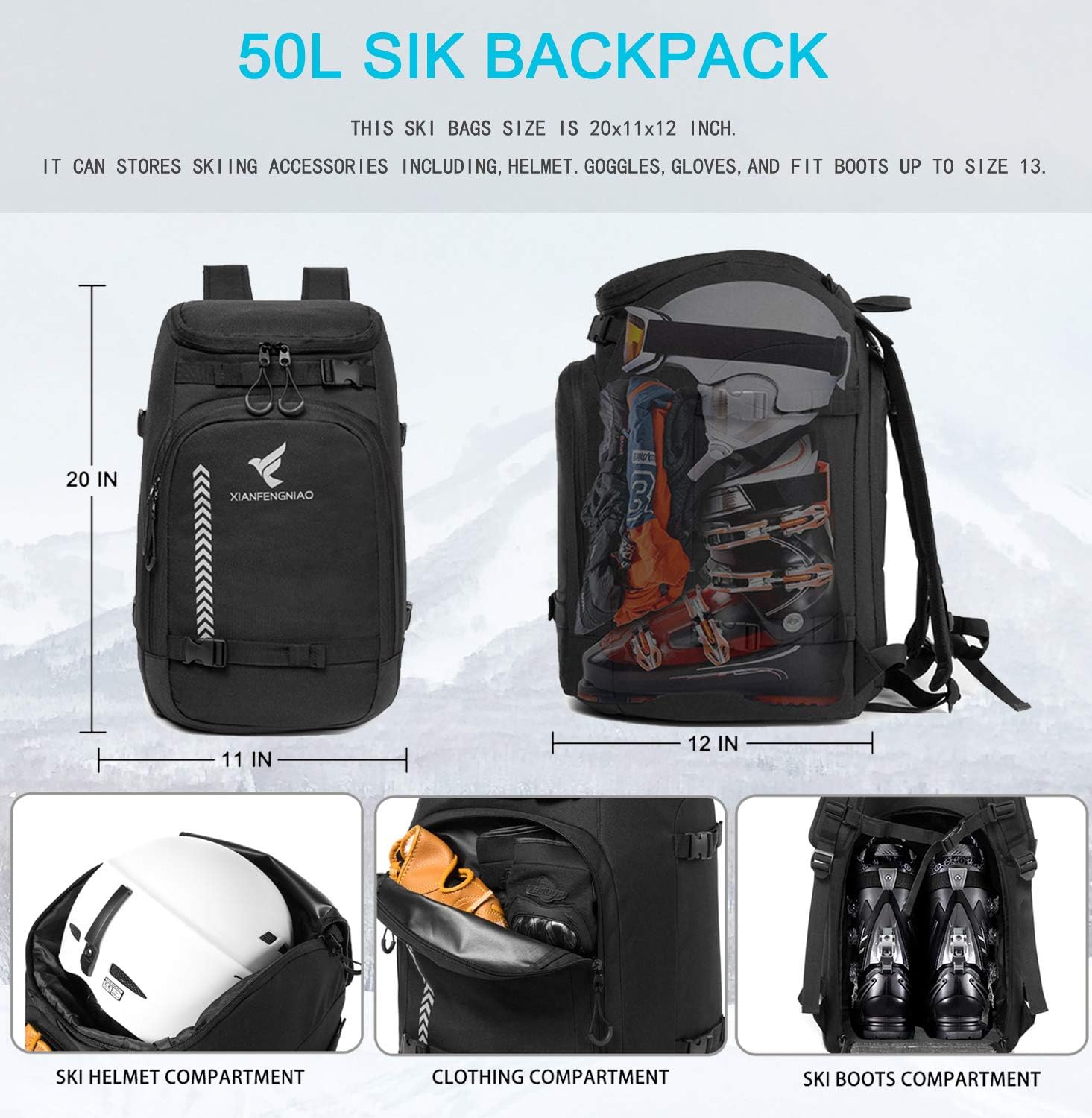 50L Waterproof Ski Boots Travel Backpack