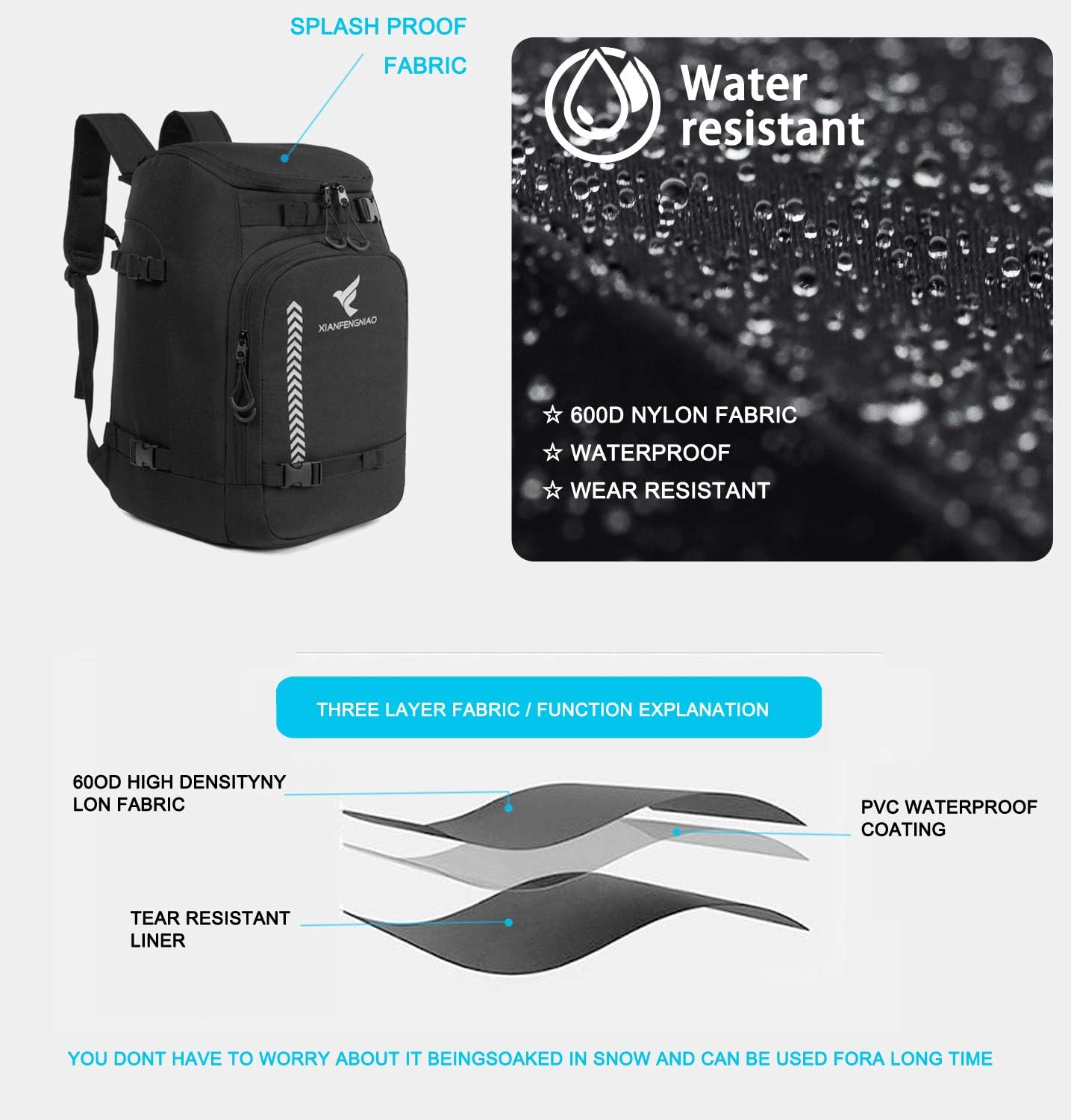 50L Waterproof Ski Boots Travel Backpack
