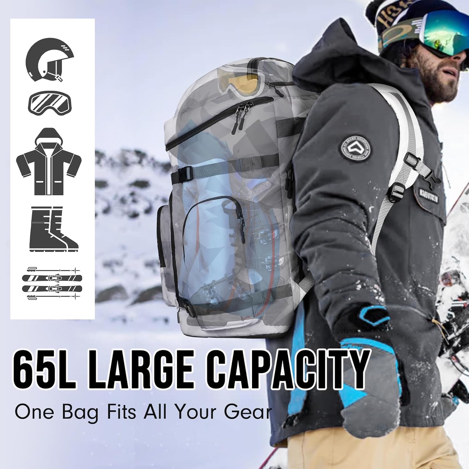 65L Waterproof Ski Snowboard Boot Bag for Air Travel