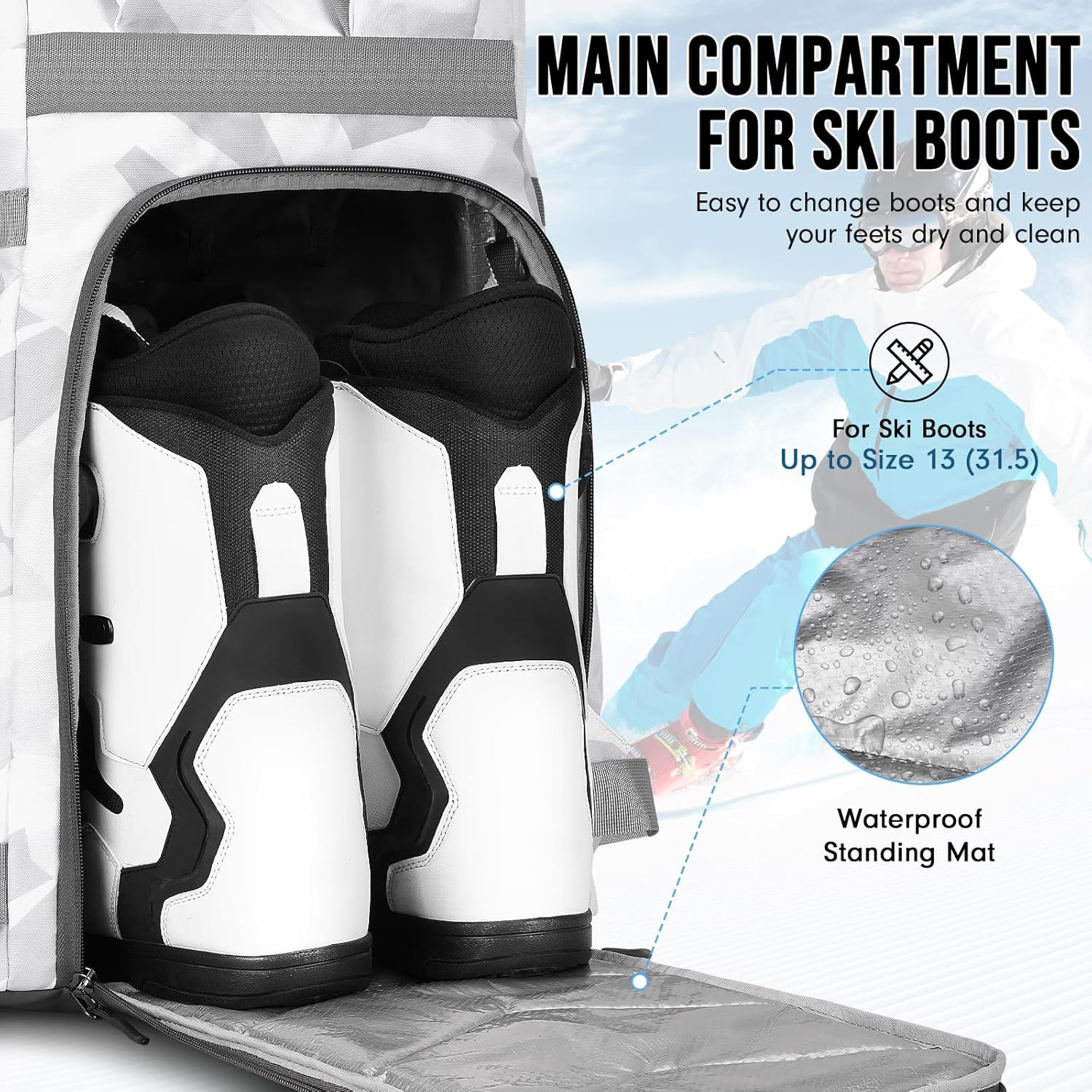65L Waterproof Ski Snowboard Boot Bag for Air Travel