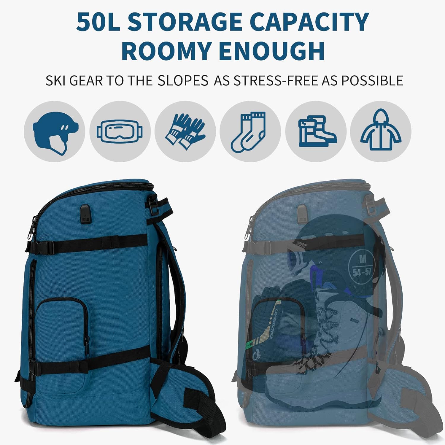 50L Large Capacity Waterproof Padded Ski Travel Bag