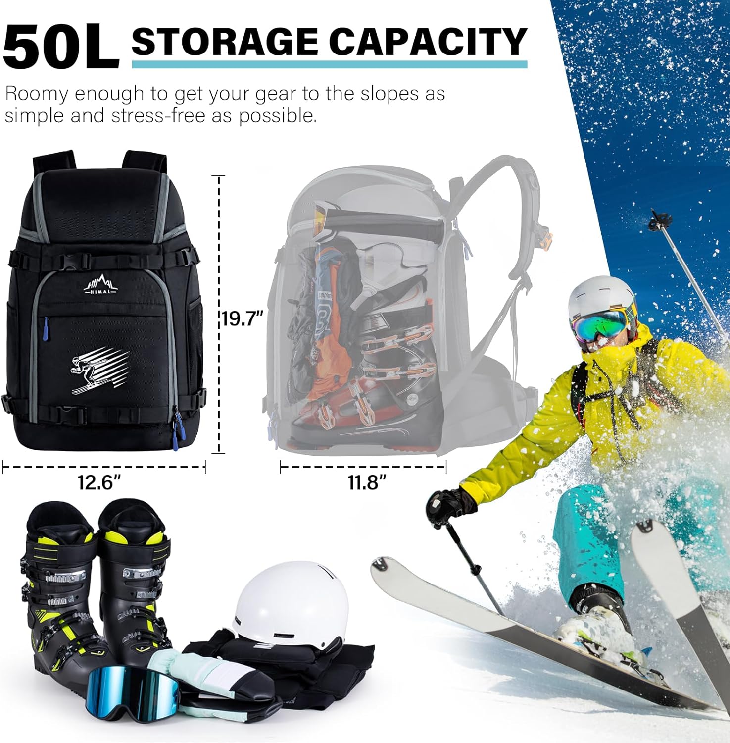 50L Ski Boot Backpack for Helmet, Goggles, Gloves, Skis