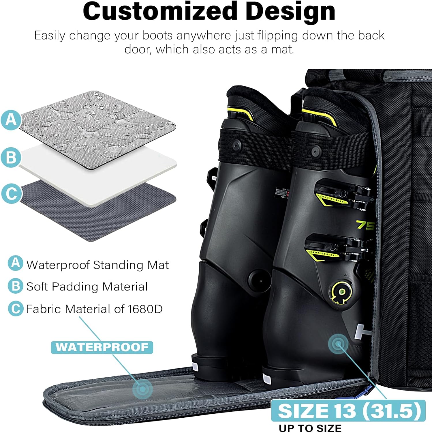 50L Ski Boot Backpack for Helmet, Goggles, Gloves, Skis