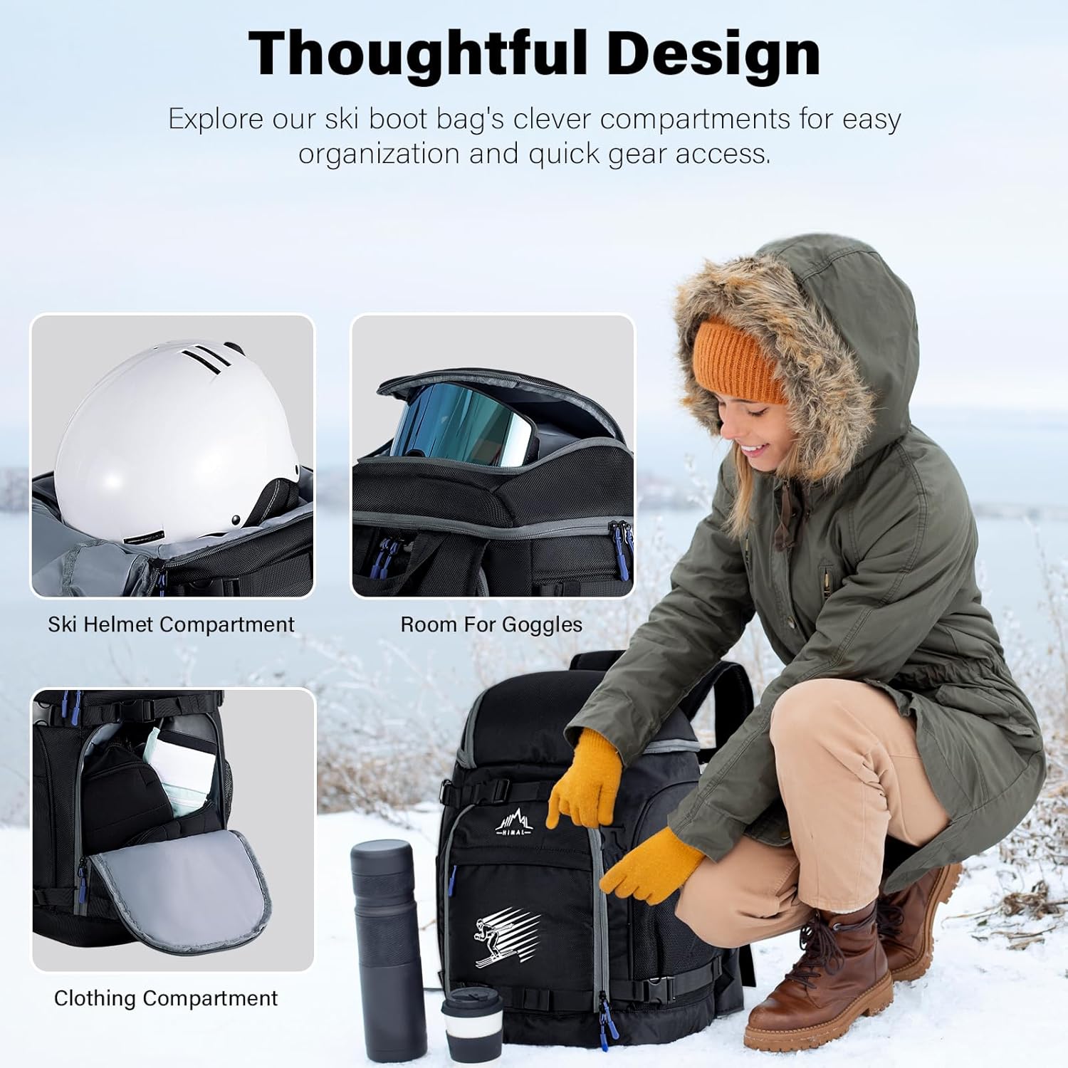 50L Ski Boot Backpack for Helmet, Goggles, Gloves, Skis