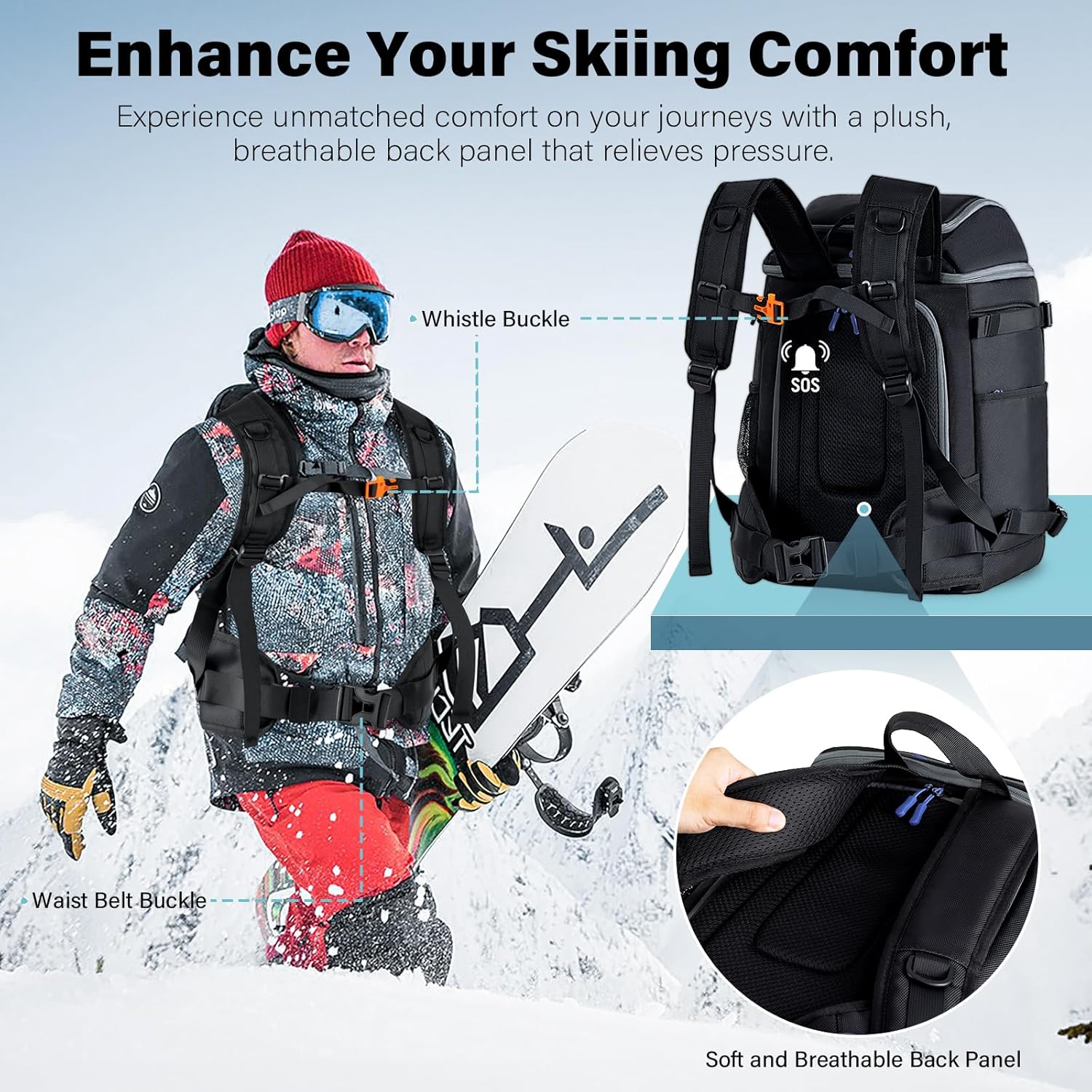 50L Ski Boot Backpack for Helmet, Goggles, Gloves, Skis