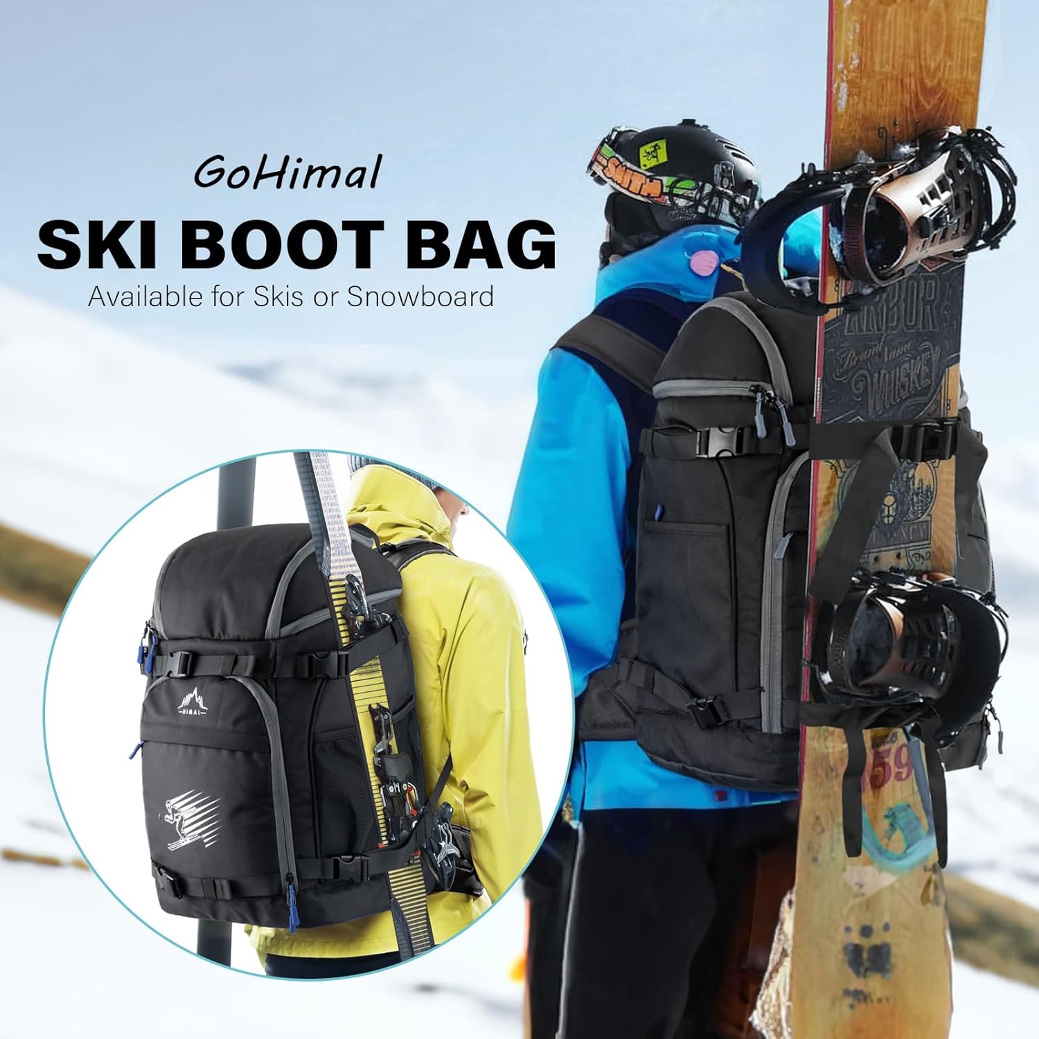 50L Ski Boot Backpack for Helmet, Goggles, Gloves, Skis