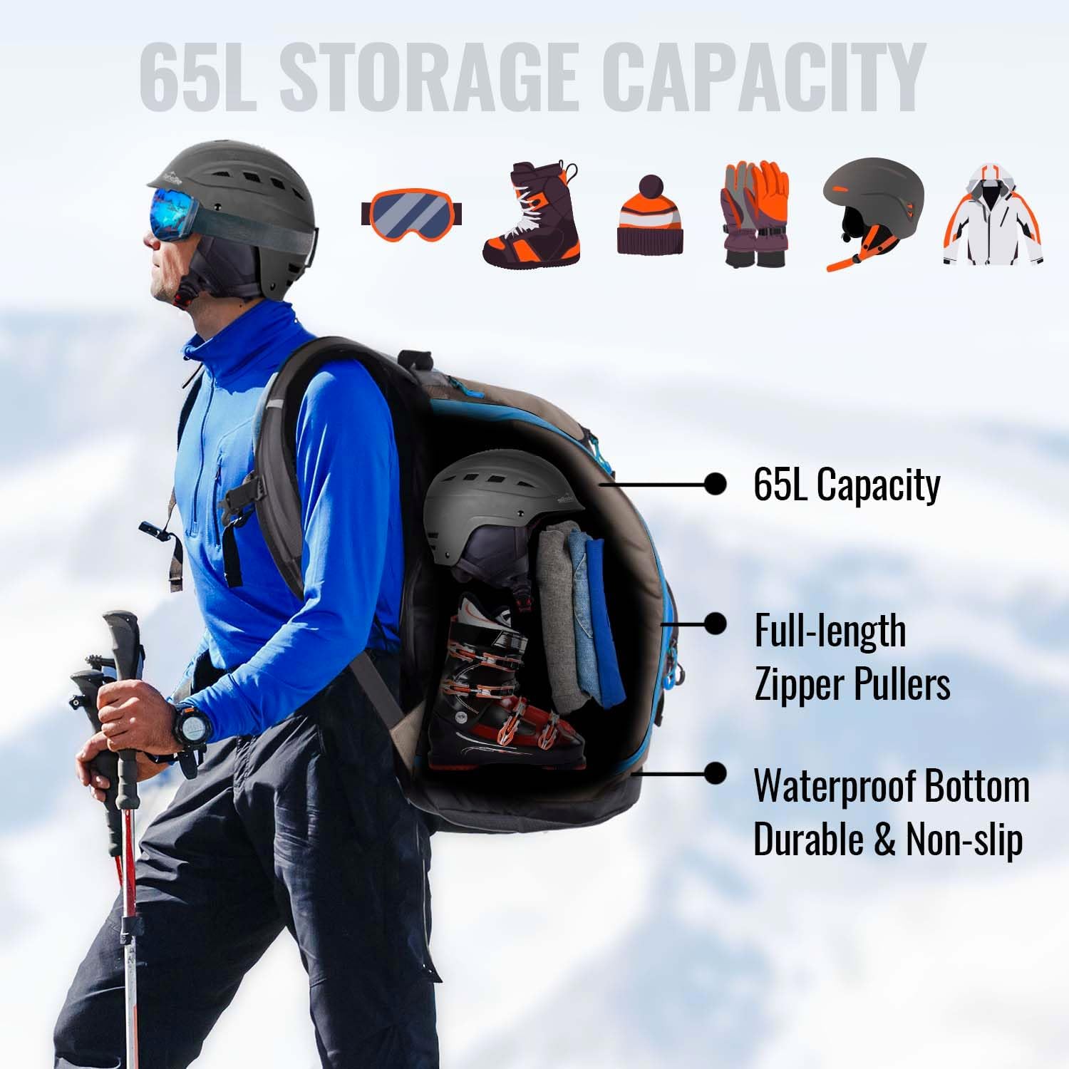 65L Waterproof Ski Snowboard Travel Backpack