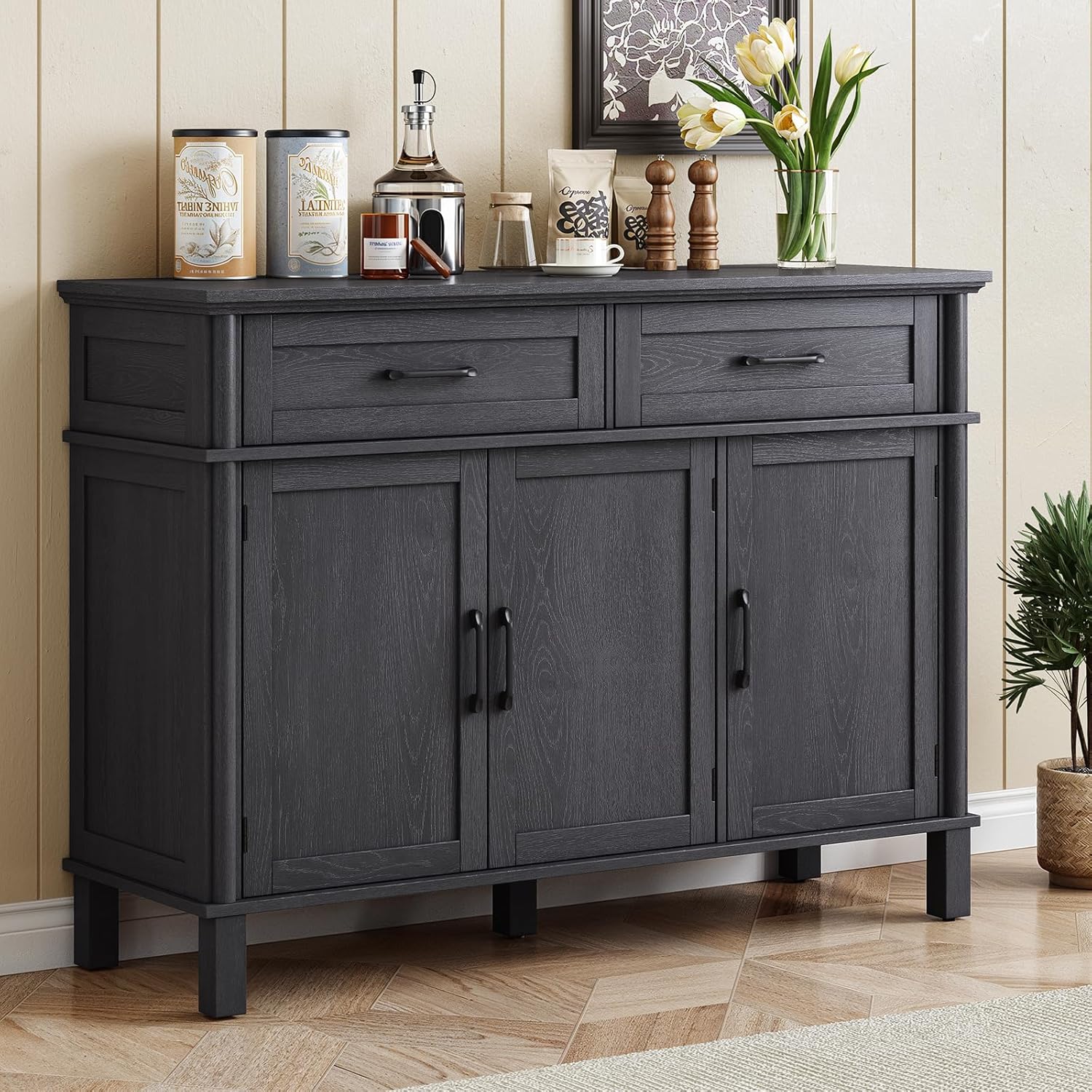 48-inch (Approx. 121.9 cm) Buffet with Storage, Farmhouse Sideboard Buffet with 2 Drawers and 3 Doors, Wooden Coffee Bar Cabinet with Adjustable Shelves, Kitchen, Living Room, Black