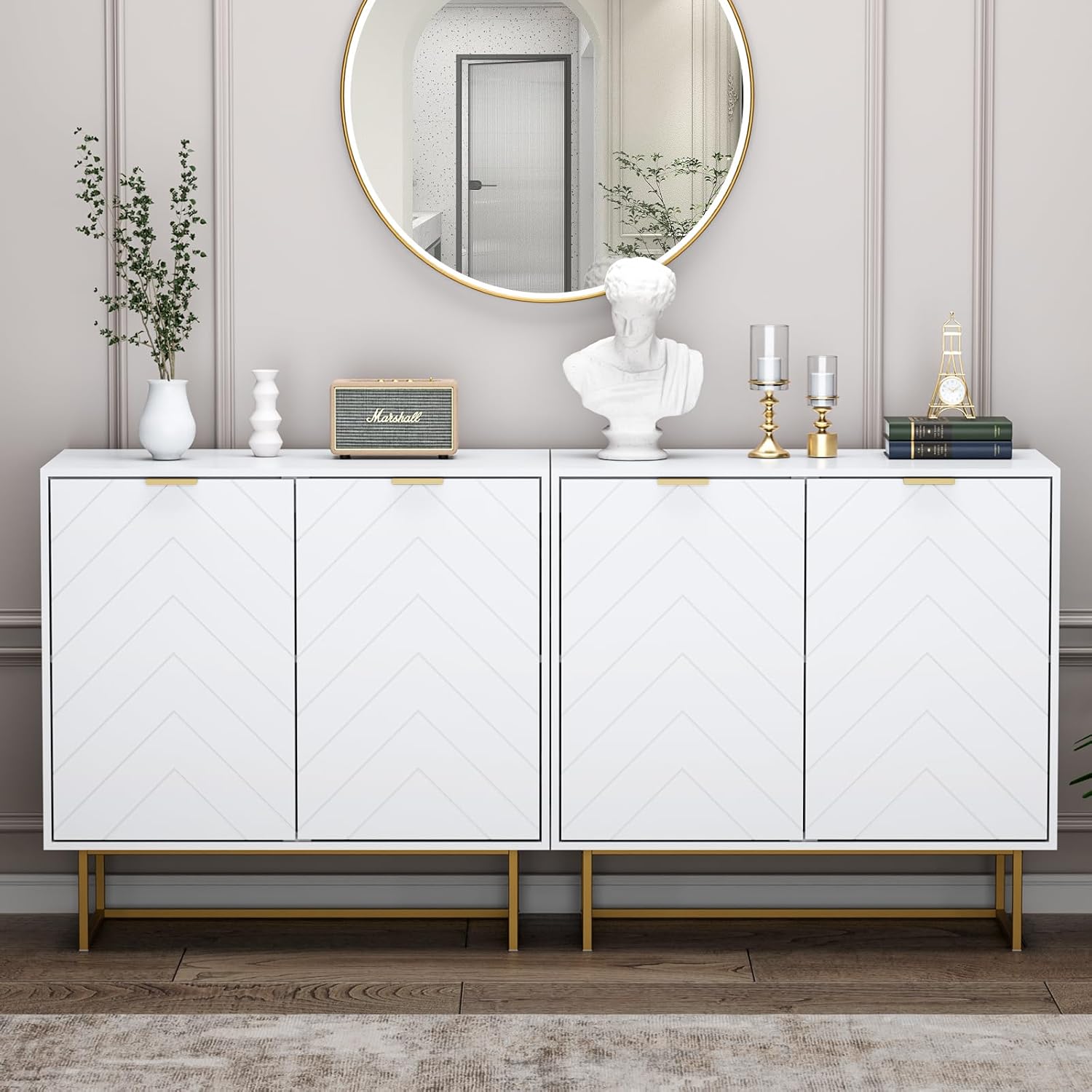 2-Piece 31.5 in (Approx. 80.9 cm) Side Panel Buffet with Storage, Top Load Capacity 150 lbs (Approx. 68.0 kg) Side Panel Storage Cabinet with Doors and Adjustable Shelves, Living Room, Kitchen, White