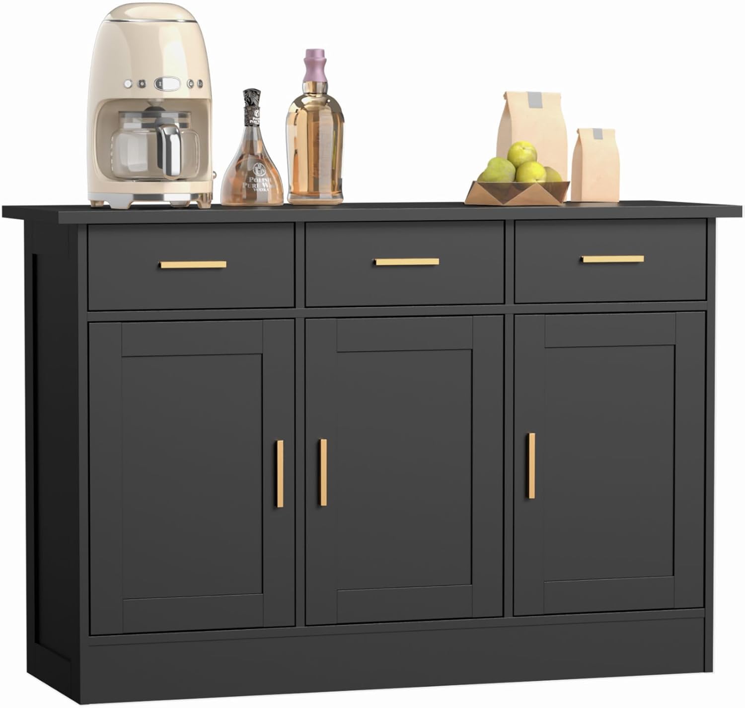 Buffet Cabinet with Storage - Buffet and Sideboard Kitchen Storage Cabinet, Wooden Console Table Coffee Bar Decorative Cabinet for Living Room Dining Room Entryway Large 3 Doors and Drawers, Black