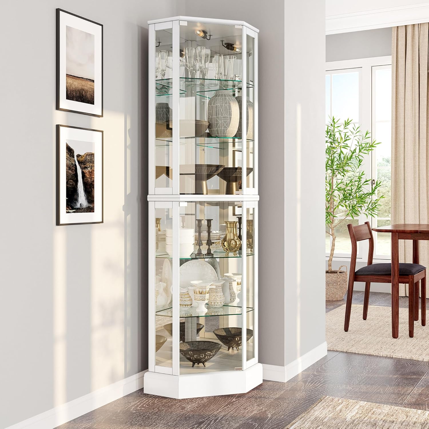 BELLEZE Lighting 3-Sided Glass Display Cabinet with Tempered Glass Doors and Shelves Curved Wooden Corner Cabinet with Bulbs Corner Curio Storage Shelves for Bars and Wine Racks - Ashfield (White)