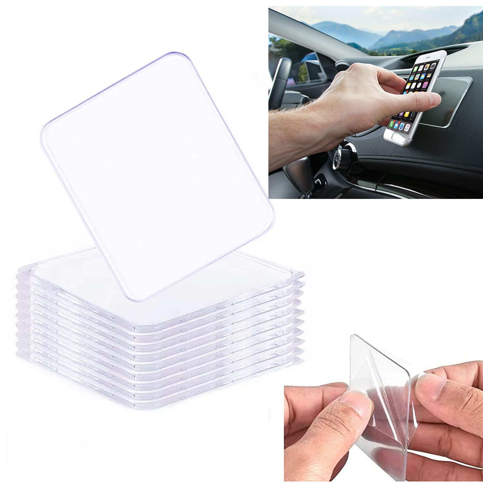 Non-Marking Super Sticky Gel Pad Non-Slip Double-Sided Grip Pad for Car Home Phone Glass Photo Holder, Easy to Removable, Washable Reusable Design, 10 Pack (Transparent)