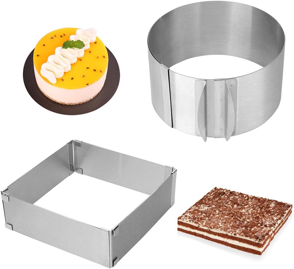 Meichu Adjustable Cake Ring Set of 2, 6 to 12 inches (Approx. 15.2 to 30.4 cm) Stainless Steel Mousse Cake Mold Rings with Scale for Kitchen DIY Pastries, Square and Round