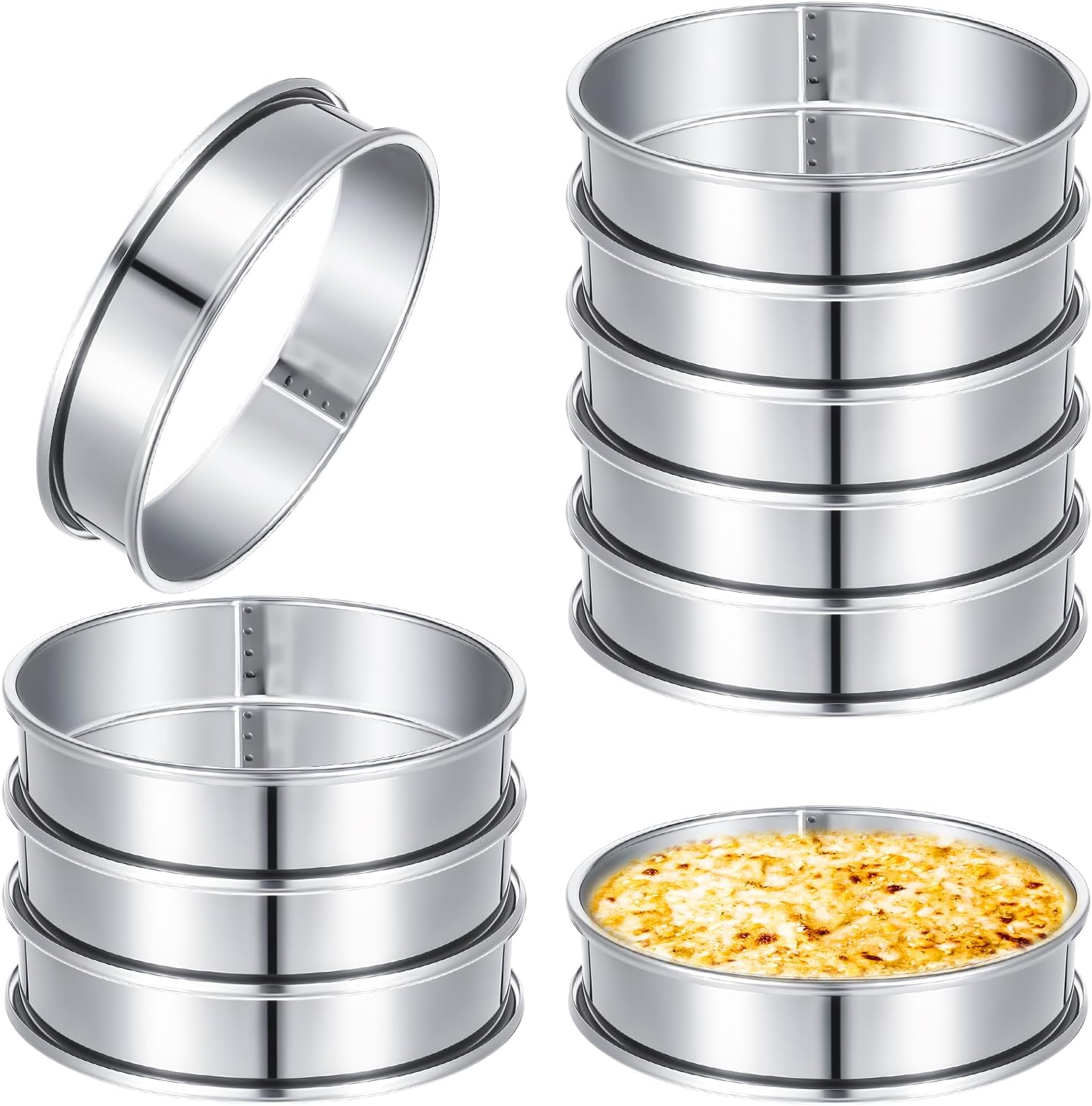 Grevosea 10 Pcs English Muffin Rings, 4 Inch Stainless Steel Double Rolled Crumpet Tart Rings for Baking Nonstick Round Cake Ring, Metal Pastry Ring Mold for Cooking and Frying Eggs Silver