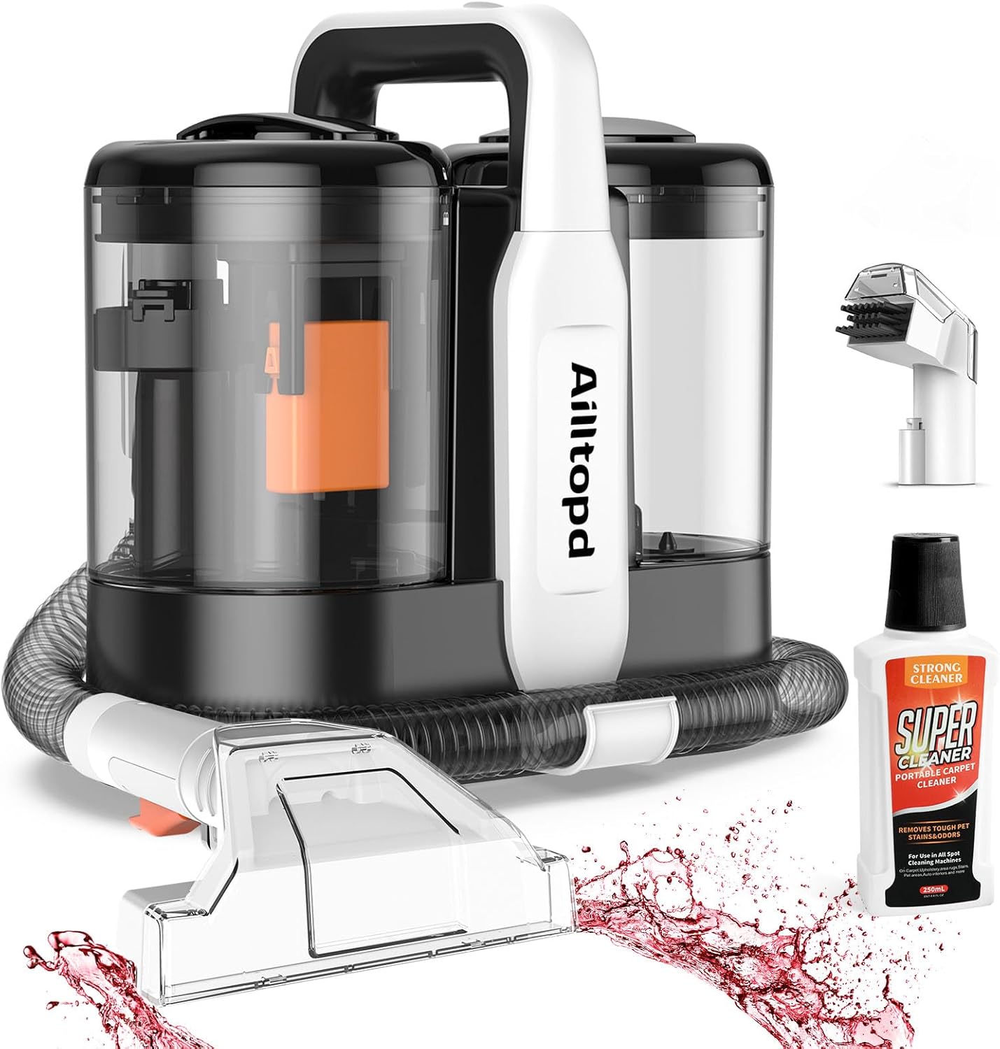 Ailltopd Carpet and Upholstery Topical Stain Cleaner, Powerful Suction and Portable Stain Remover for Carpets, Pets, Stairs, Car Seats, Upholstery with Dual Size Brush Heads and Cleaning Solution