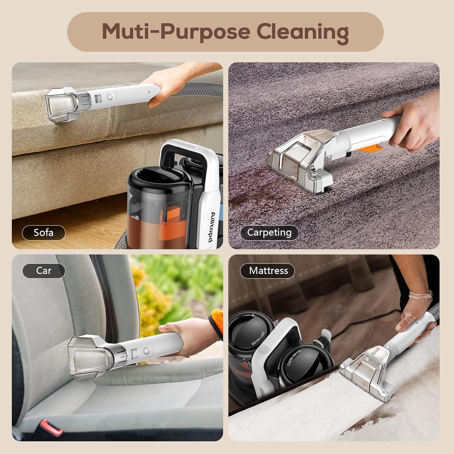 Ailltopd Carpet and Upholstery Topical Stain Cleaner, Powerful Suction and Portable Stain Remover for Carpets, Pets, Stairs, Car Seats, Upholstery with Dual Size Brush Heads and Cleaning Solution