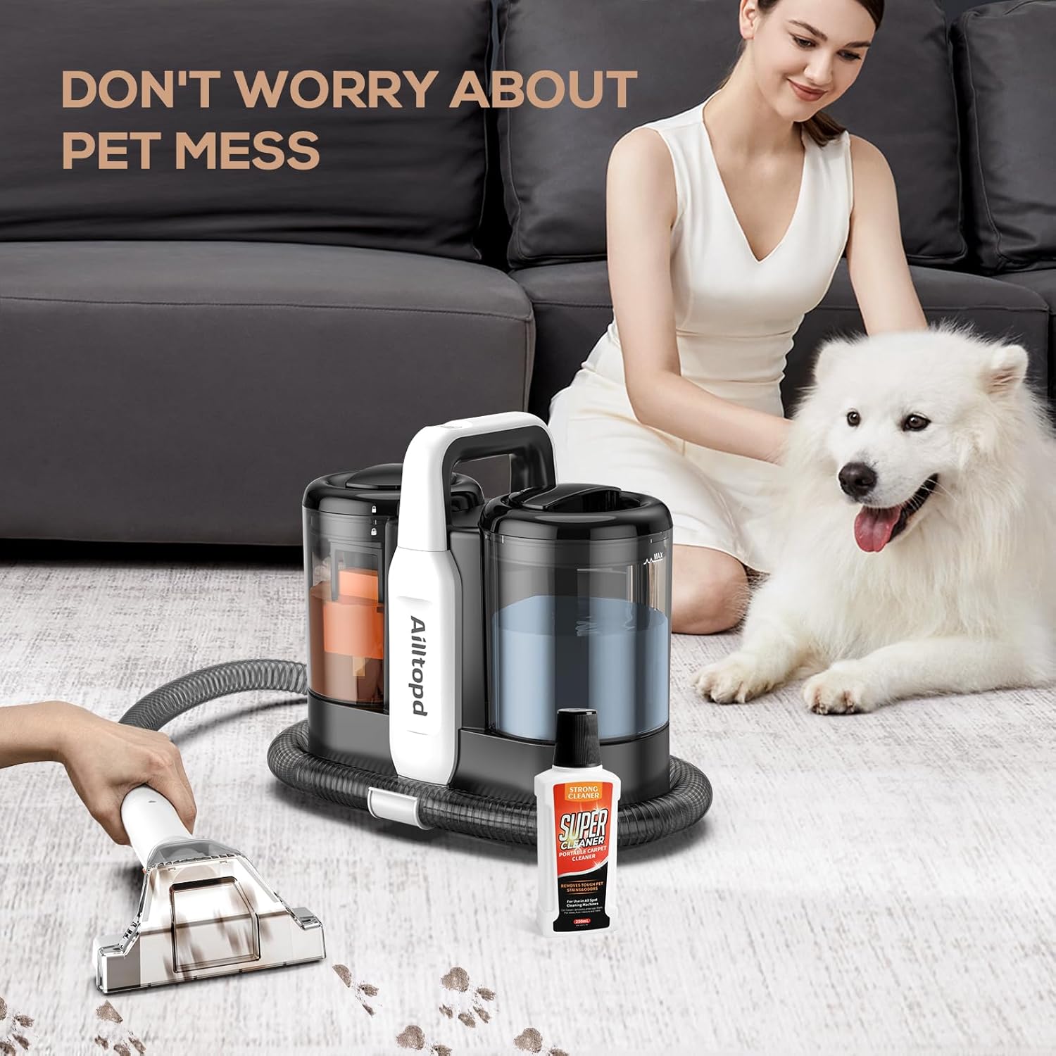 Ailltopd Carpet and Upholstery Topical Stain Cleaner, Powerful Suction and Portable Stain Remover for Carpets, Pets, Stairs, Car Seats, Upholstery with Dual Size Brush Heads and Cleaning Solution
