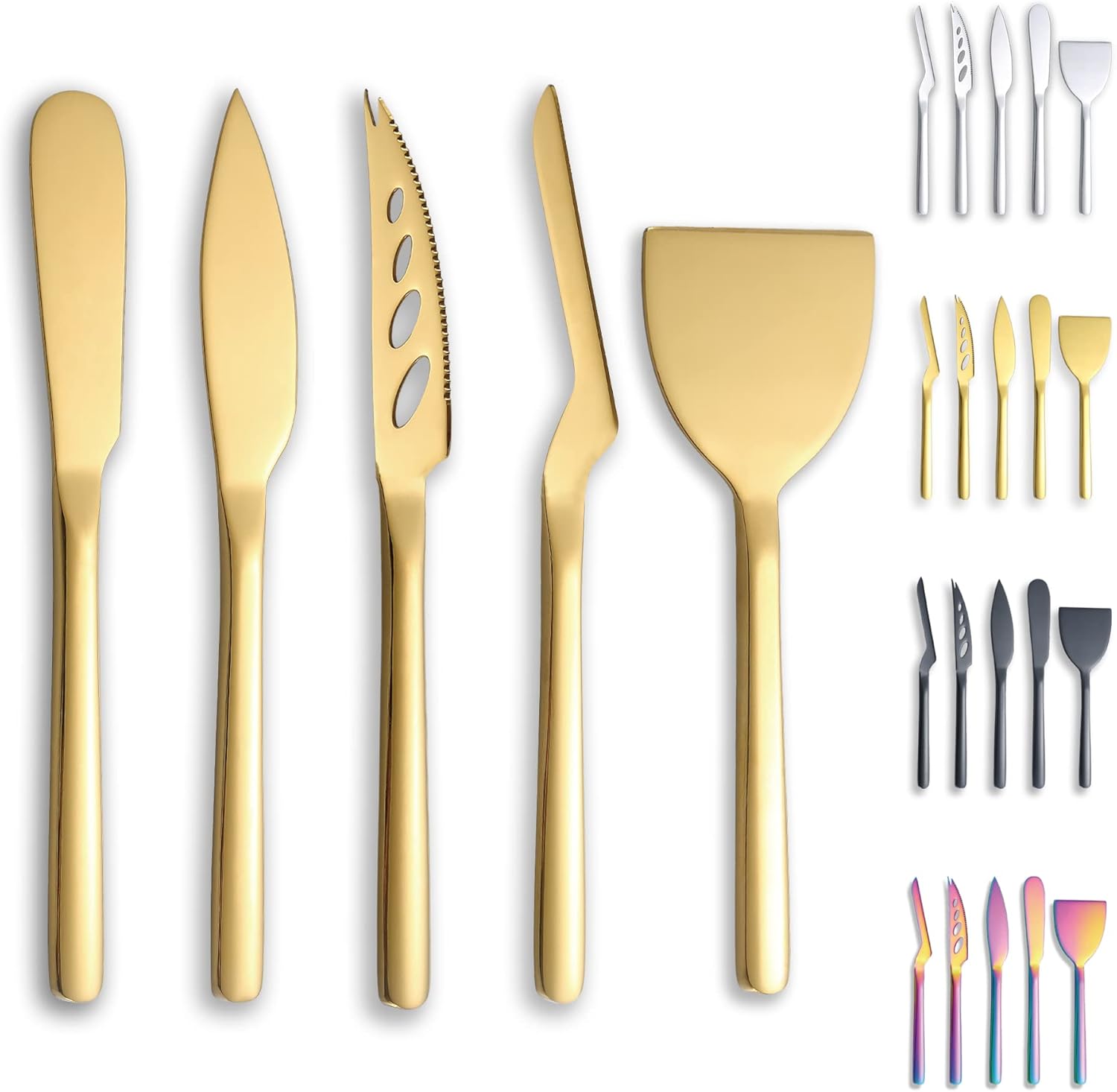 Gold Cheese Knife Set of 5, suitable for all types of cheese, gold-plated titanium cheese cutter, ergonomic design, comfortable to hold, cutting butter spatula