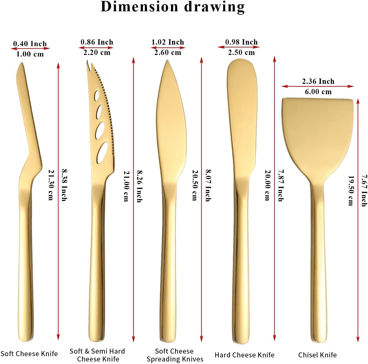 Gold Cheese Knife Set of 5, suitable for all types of cheese, gold-plated titanium cheese cutter, ergonomic design, comfortable to hold, cutting butter spatula