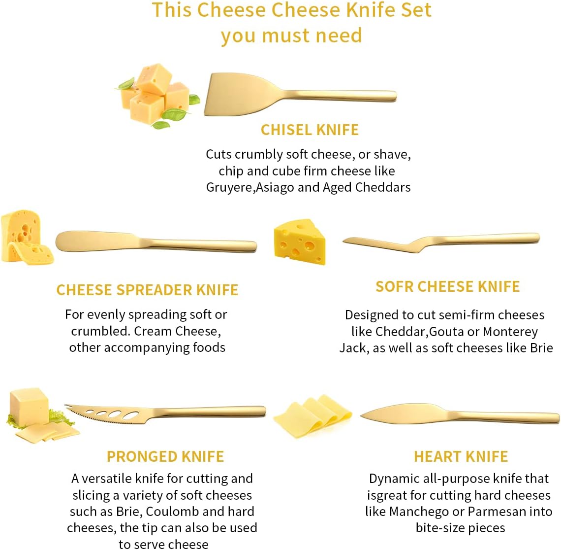 Gold Cheese Knife Set of 5, suitable for all types of cheese, gold-plated titanium cheese cutter, ergonomic design, comfortable to hold, cutting butter spatula