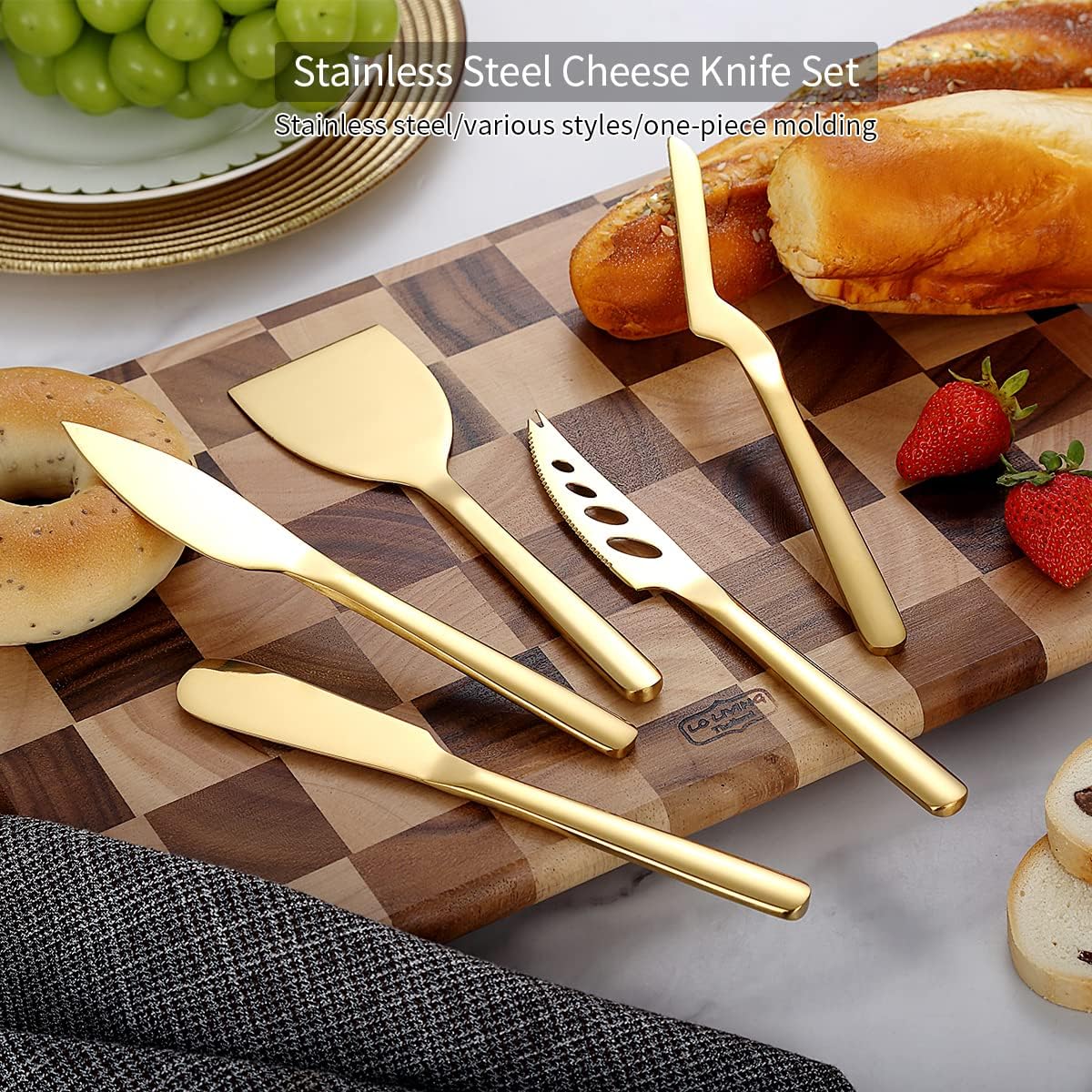 Gold Cheese Knife Set of 5, suitable for all types of cheese, gold-plated titanium cheese cutter, ergonomic design, comfortable to hold, cutting butter spatula