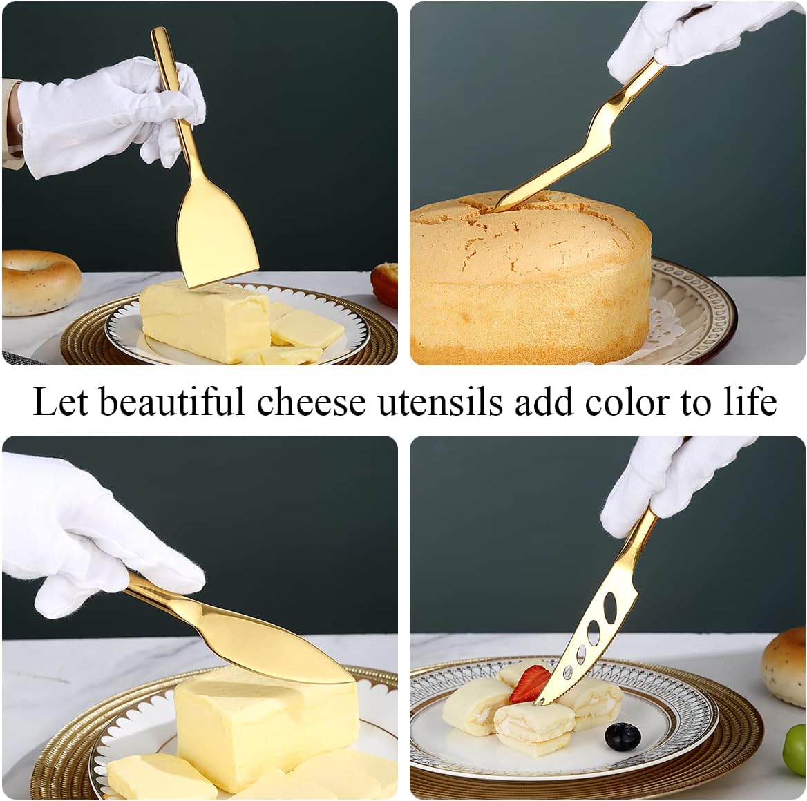 Gold Cheese Knife Set of 5, suitable for all types of cheese, gold-plated titanium cheese cutter, ergonomic design, comfortable to hold, cutting butter spatula