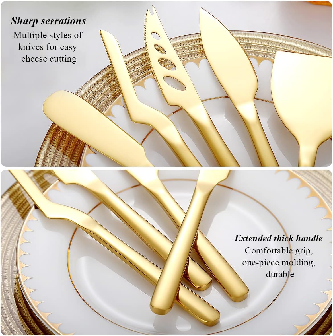 Gold Cheese Knife Set of 5, suitable for all types of cheese, gold-plated titanium cheese cutter, ergonomic design, comfortable to hold, cutting butter spatula
