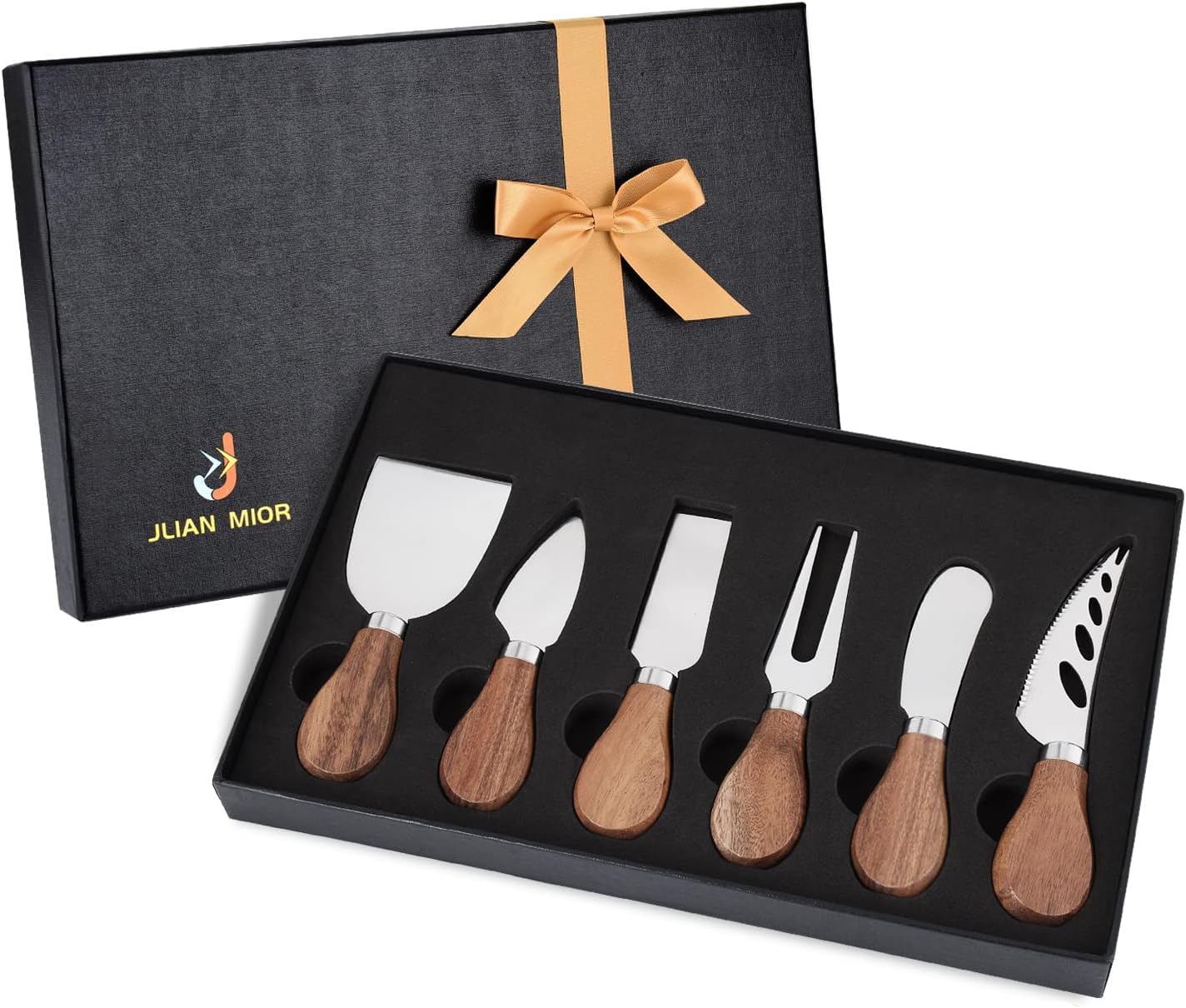 JLIAN MIOR Fine Cheese Knife Set 6 Pcs, Stainless Steel Cheese Knife Set Series (Acacia Wood Handle)
