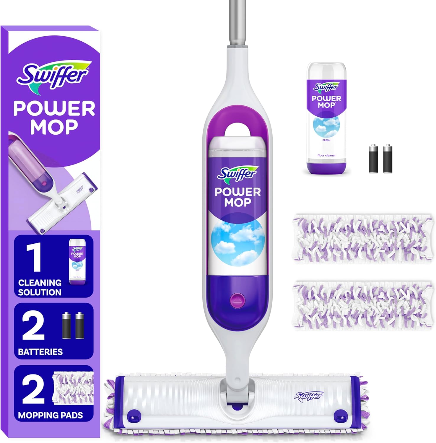 Swiffer PowerMop Multi-Surface Mop Kit for floor cleaning, includes PowerMop, 2 replacement mop pads, 1 cleaning solution with fresh scent and 2 batteries.