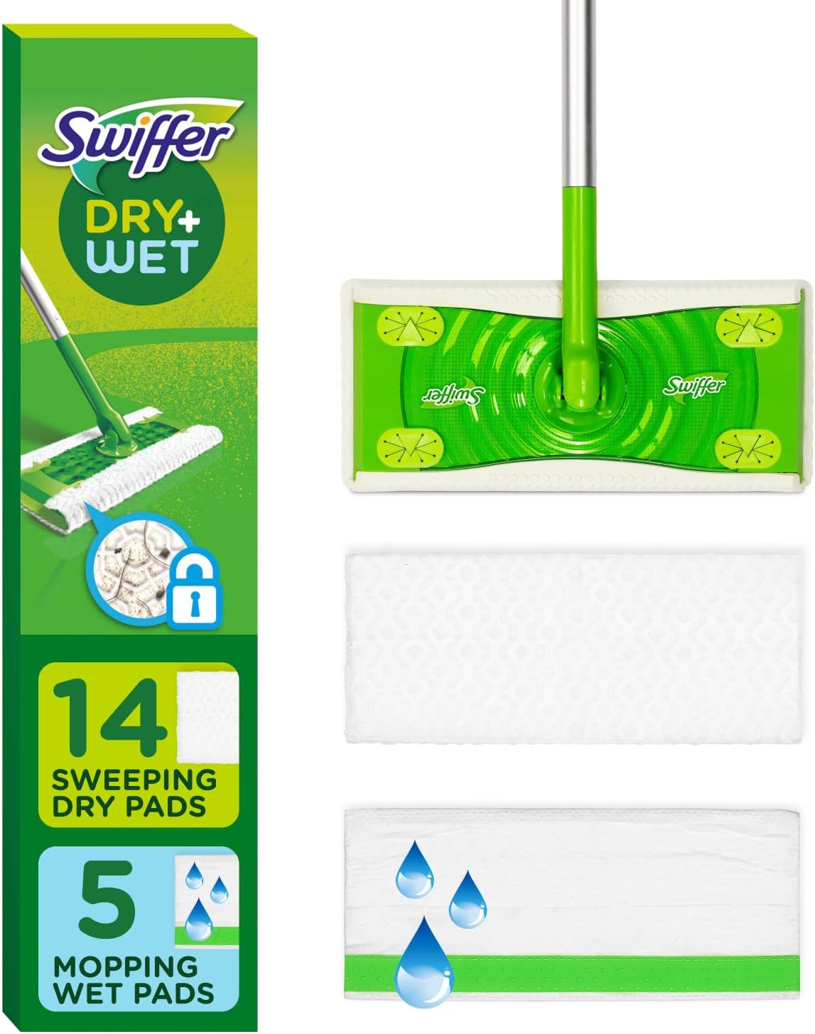 Swiffer Sweeper 2-in-1 Dry + Wet Plate Mopping and Sweeping Kit, Multi-surface Kit for Floor Cleaning, Kit includes 1 Sweeper Cart, 14 Dry Sweeping Cloths, 5 Wet Mopping Cloths