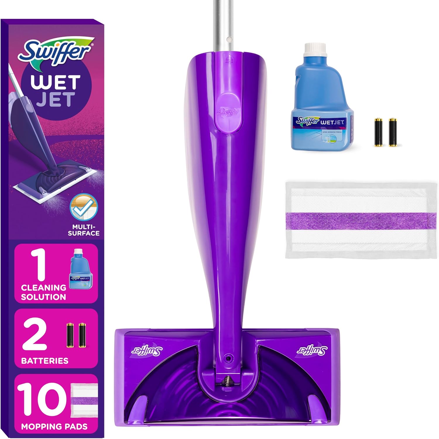 Swiffer WetJet Hardwood and Floor Spray Mop Cleaner Starter Kit, includes: 1 motorized mop, 10 pads, cleaning solution, batteries