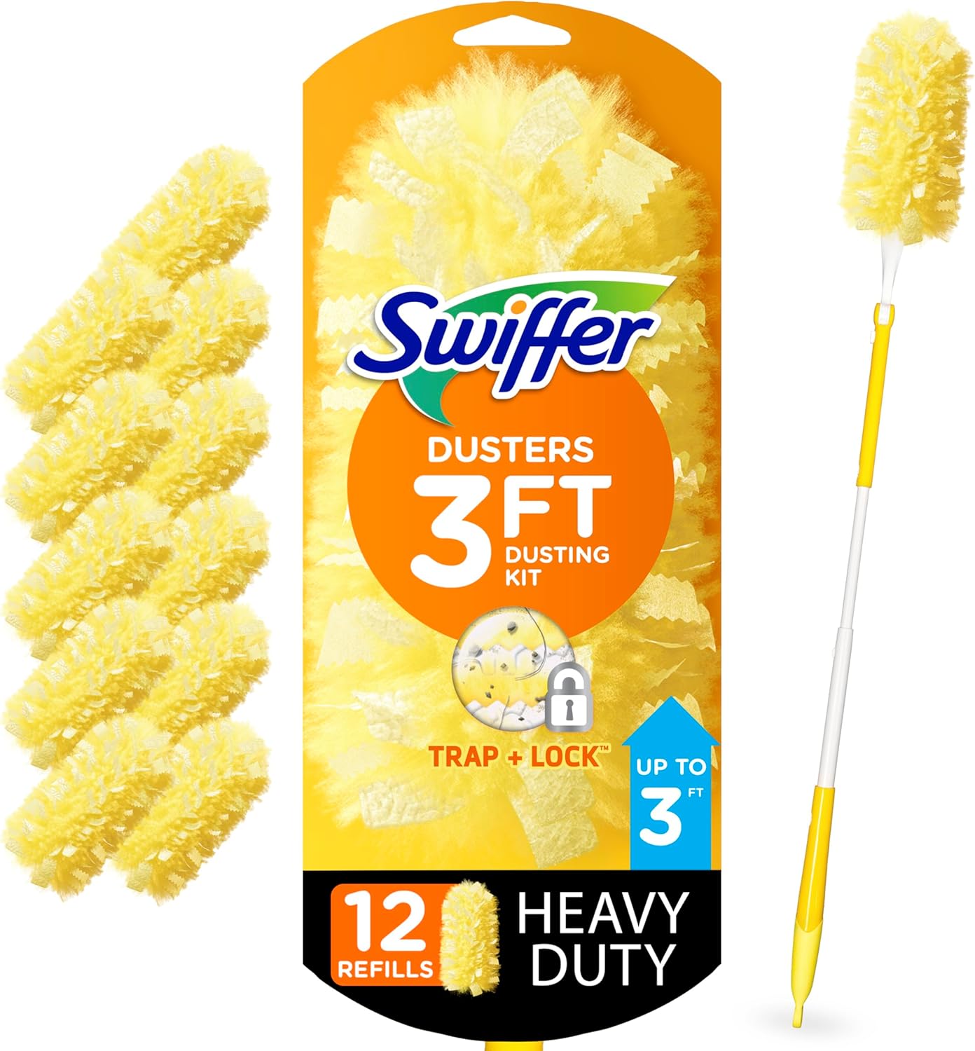 Swiffer Dusting Duster Heavy Duty Dusting Kit, Cleaning Supplies, 3ft (Approx. 91.4cm) Extended Handle, 1 Dusting Duster, 12 Replacements