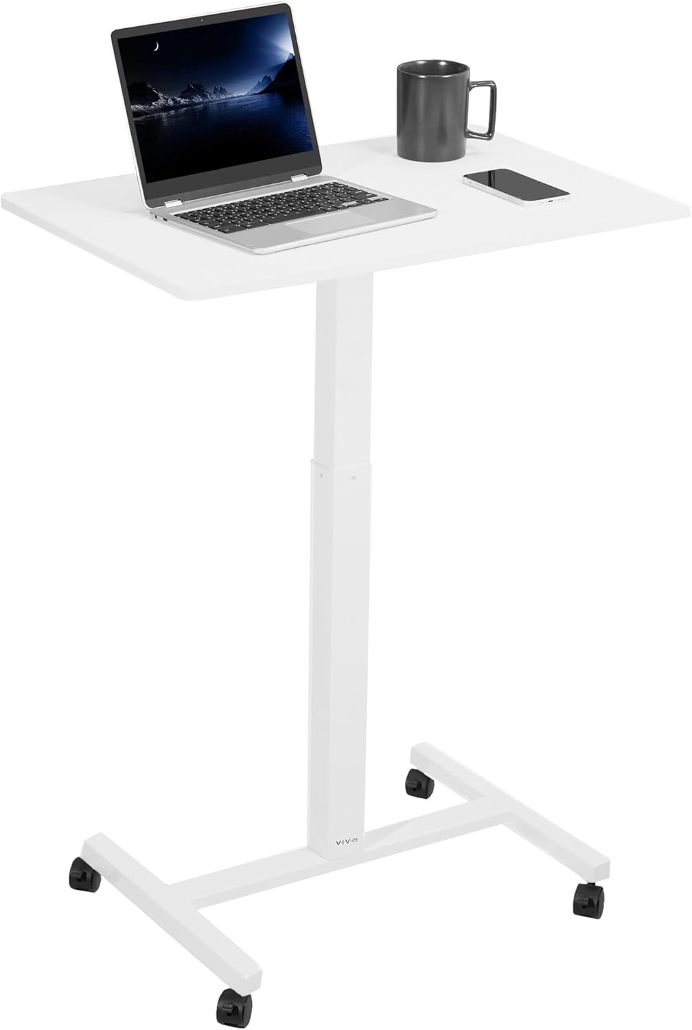 Mobile 28-inch (Approx. 71.1 cm) Vertical Laptop Cart, Height-Adjustable Small Rolling Workstation, Locking Wheels, White, CART-V00LW
