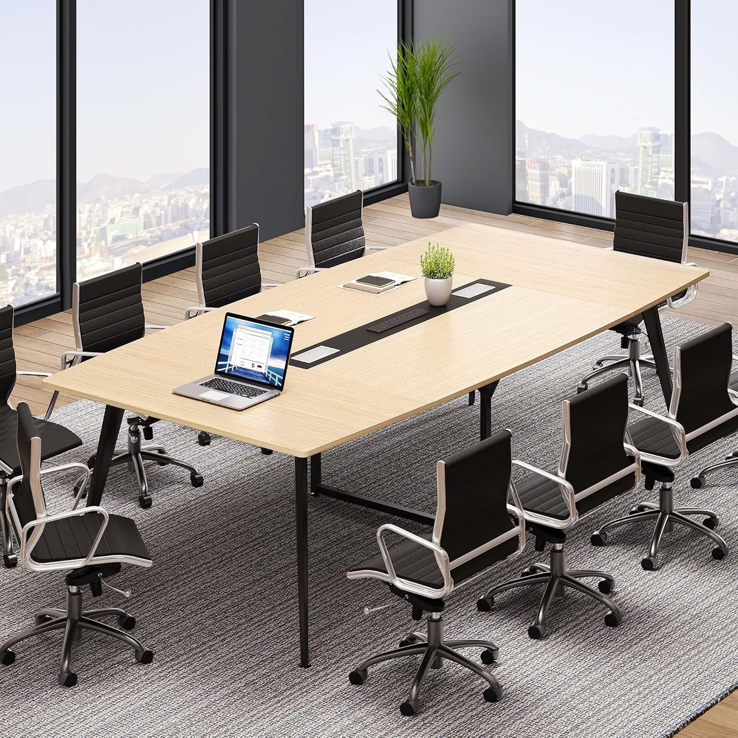 8FT Conference Table with Power Outlets, 94.5" Meeting Table with Rectangle Grommet, Boat Shaped Seminar Boardroom Table for Office Conference Room, Light Wood Grain