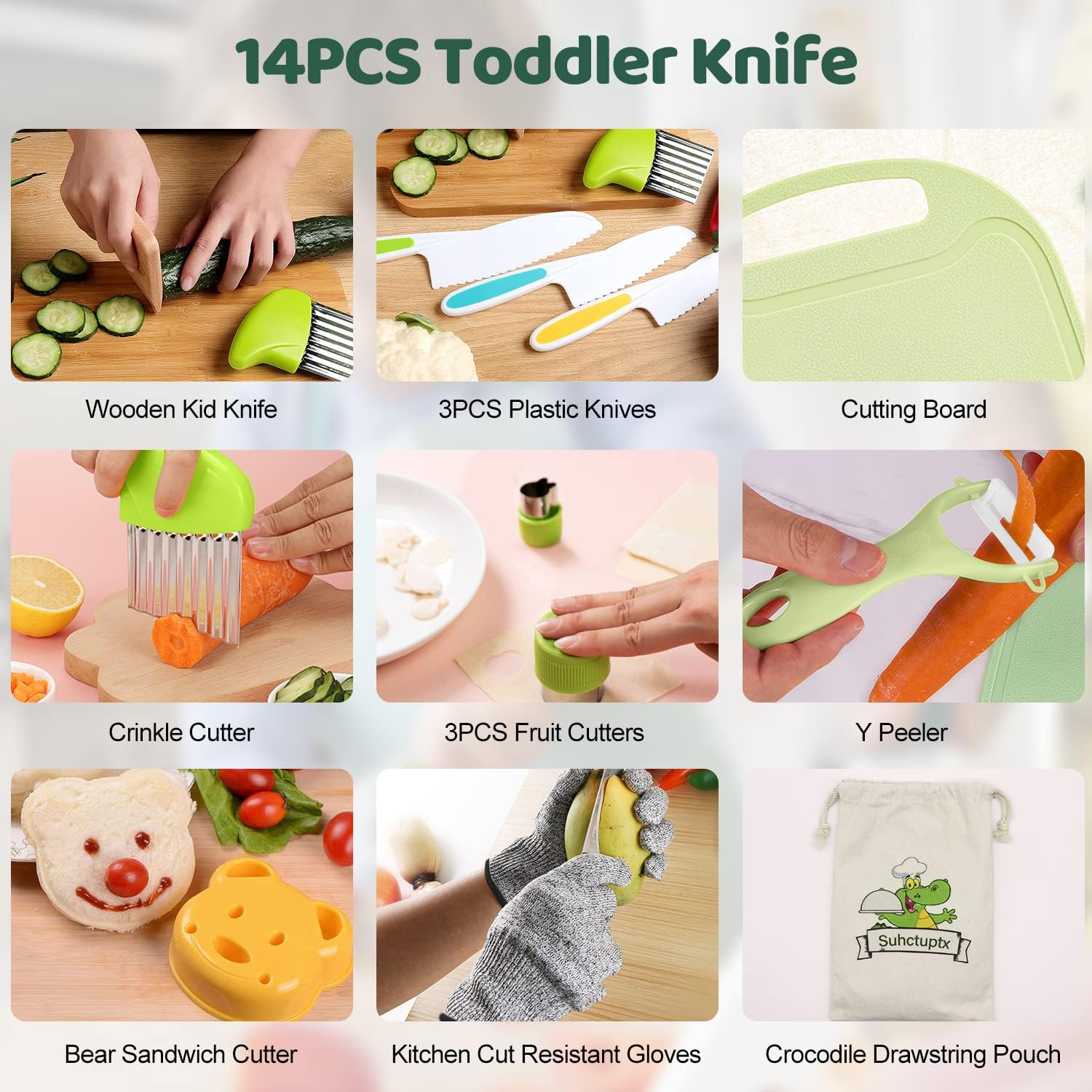 14 Pack Wooden Knife Set with Gloves