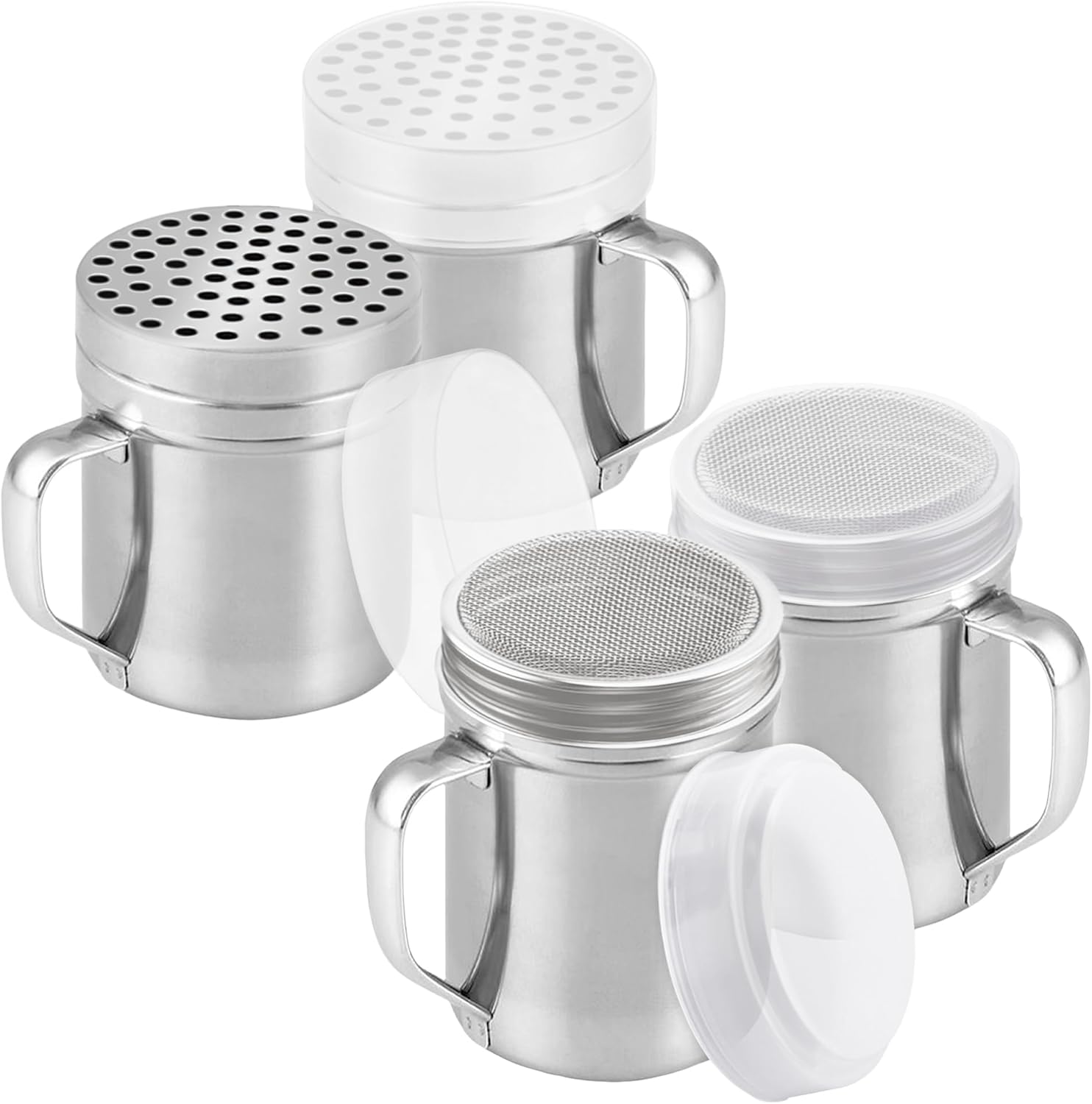[2-pack] 6oz Powdered Shaker with Fine Mesh, [2-pack] 10oz Metal Parmesan Cheese Shaker with Large Holes - with Handle and Plastic Cap