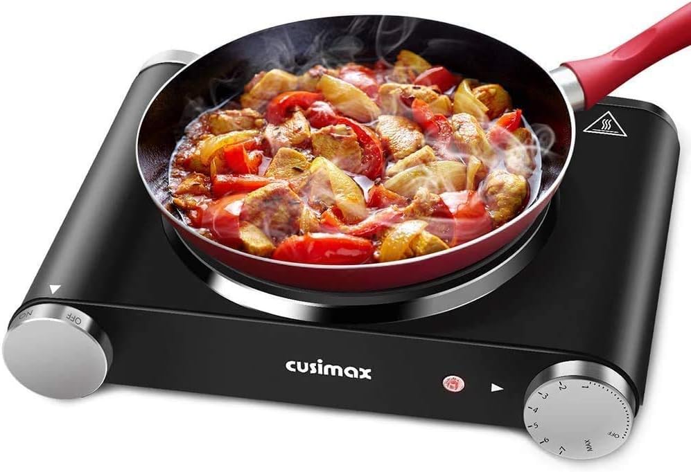 Cusimax Hot Plate Electric Stove Single Burner Cast Iron Hot Plate for Cooking Portable Burner 1500W Adjustable Temperature Control Stainless Steel Non-Slip Rubber Feet, Upgraded Version
