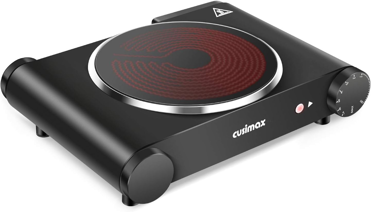 Cusimax Portable Electric Stove,1200W Infrared Single Burner Heats Up in Seconds,7 Inch (Approx. 17.8 cm) Ceramic Glass Single Hot Plate Stove for Dorm Room Office Home Camping,Compatible with All Cookware - Upgraded Version