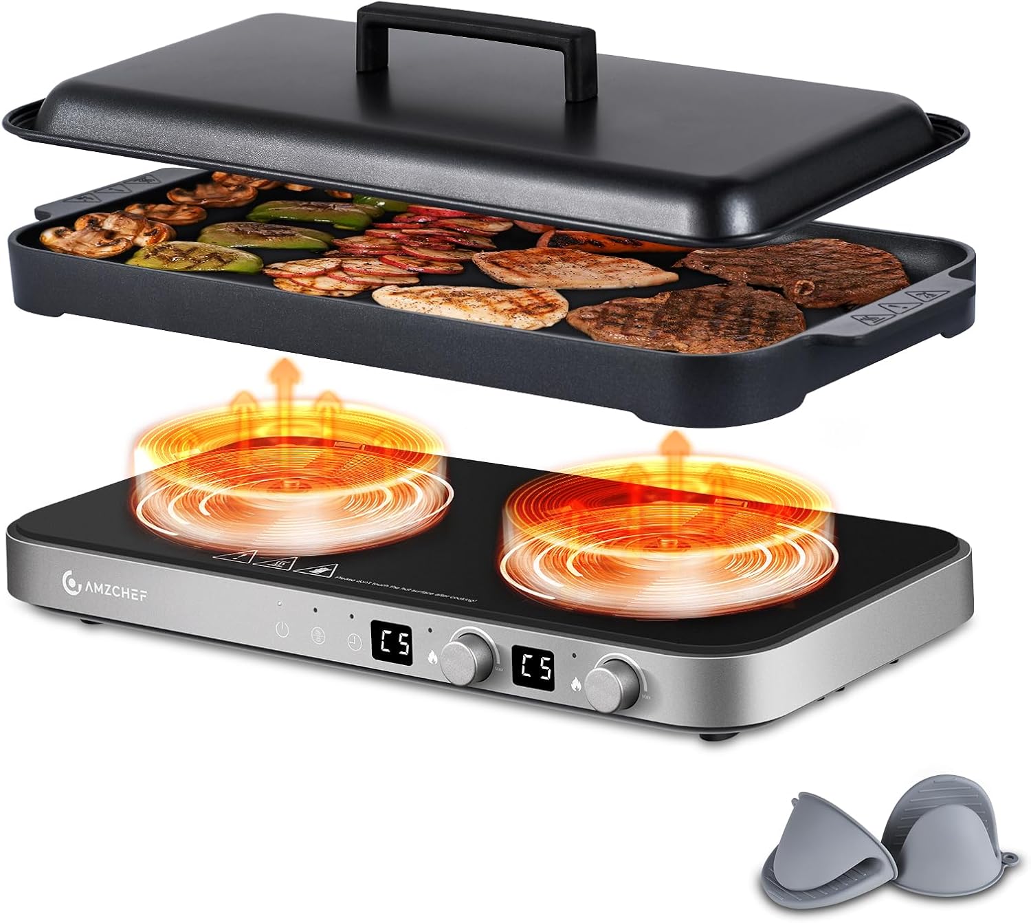 Dual Induction Cooktop with Removable Grill PanNon-Stick,1800W 2-Burner Portable Induction Cooktop with Sensor Touch 9 Power Levels,99 Minute Timer,Iron Gray