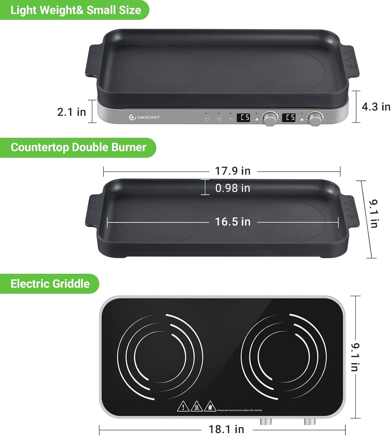 Dual Induction Cooktop with Removable Grill PanNon-Stick,1800W 2-Burner Portable Induction Cooktop with Sensor Touch 9 Power Levels,99 Minute Timer,Iron Gray