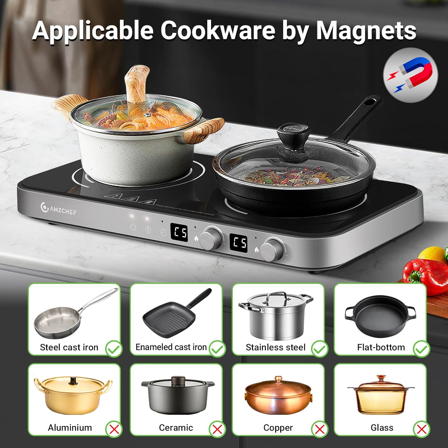 Dual Induction Cooktop with Removable Grill PanNon-Stick,1800W 2-Burner Portable Induction Cooktop with Sensor Touch 9 Power Levels,99 Minute Timer,Iron Gray