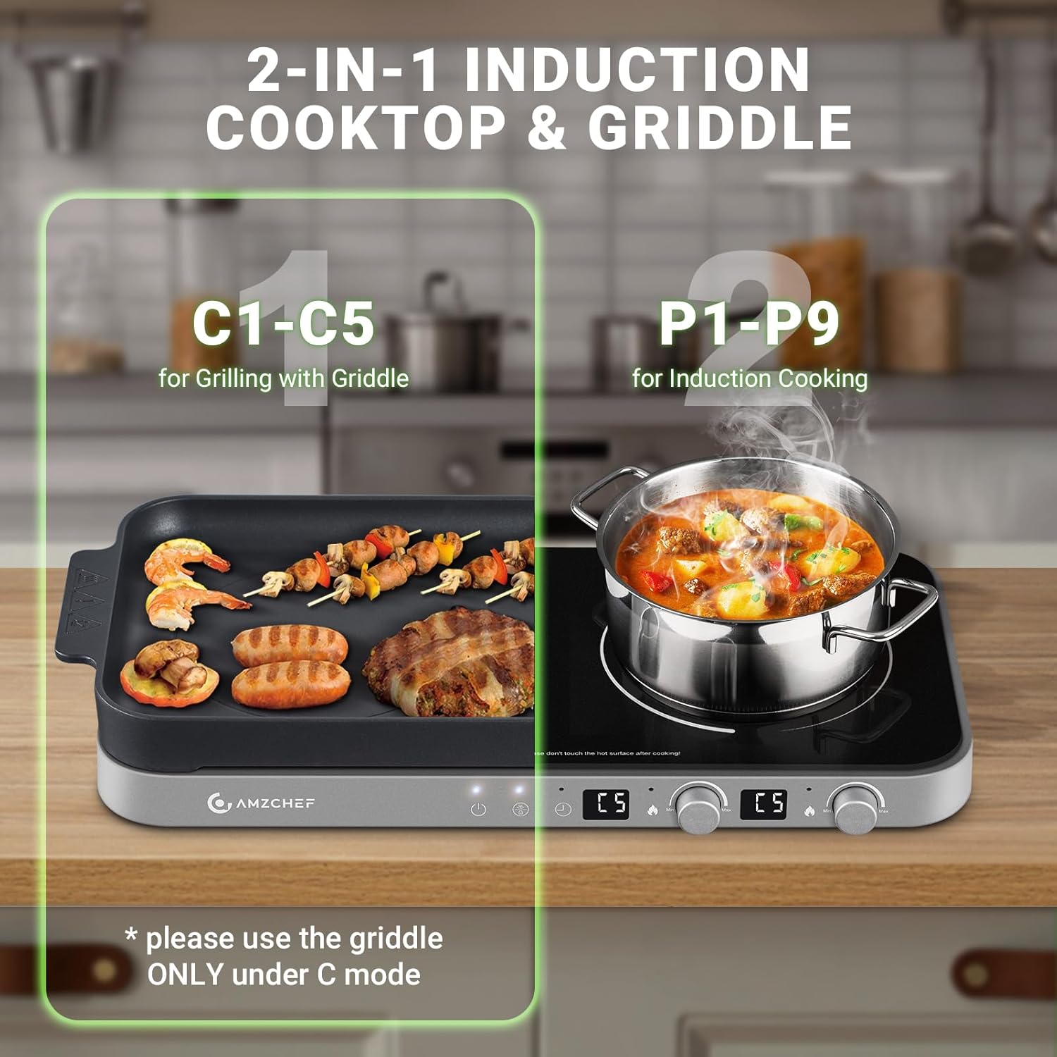 Dual Induction Cooktop with Removable Grill PanNon-Stick,1800W 2-Burner Portable Induction Cooktop with Sensor Touch 9 Power Levels,99 Minute Timer,Iron Gray