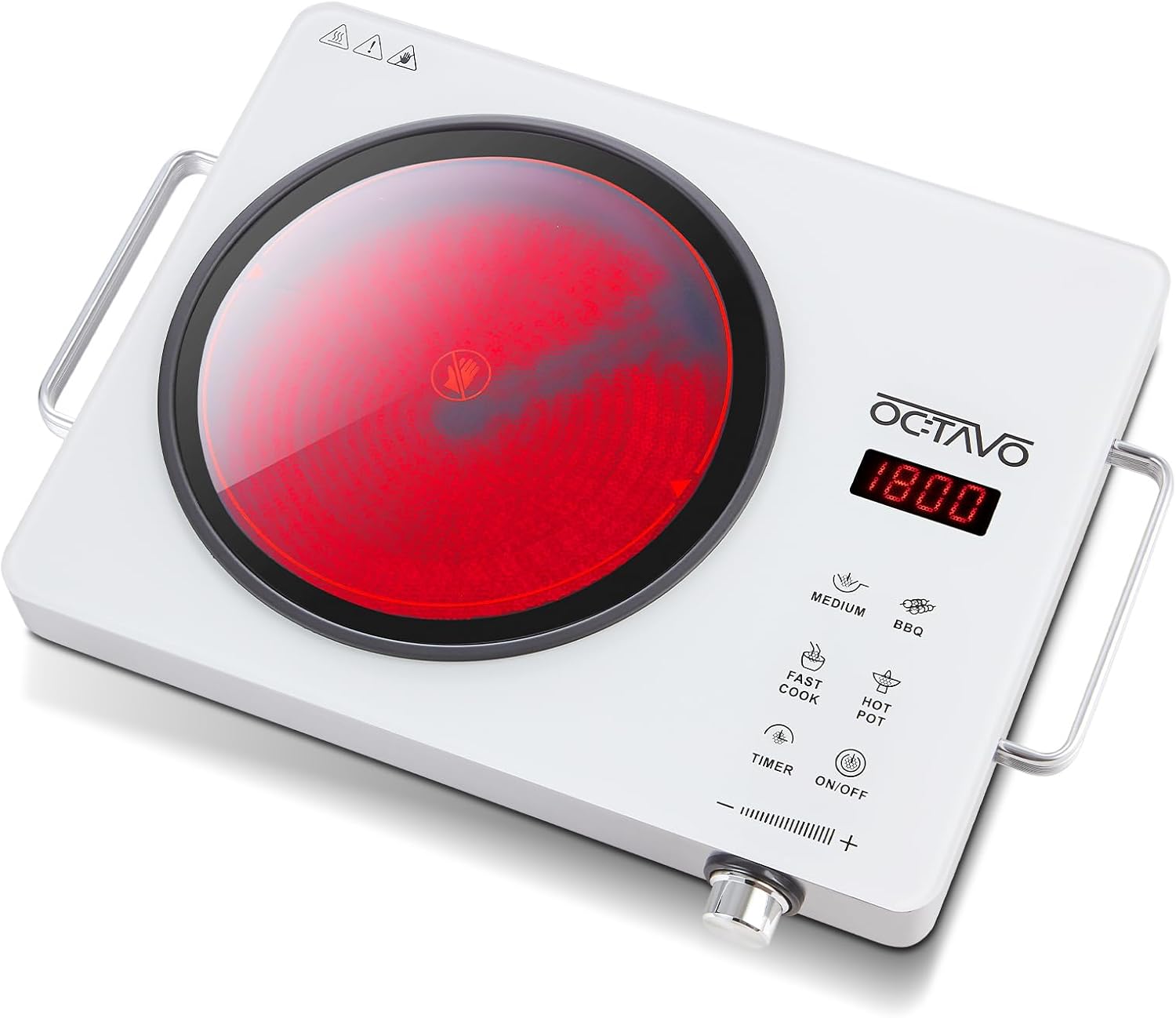 OCTAVO 1800 Watt Portable Infrared Burner, Electric Hotplate with 4-hour Timer, Adjustable Heating Power with Touch Control Panel, Glass Infrared Cooktop for Portable White Cooking