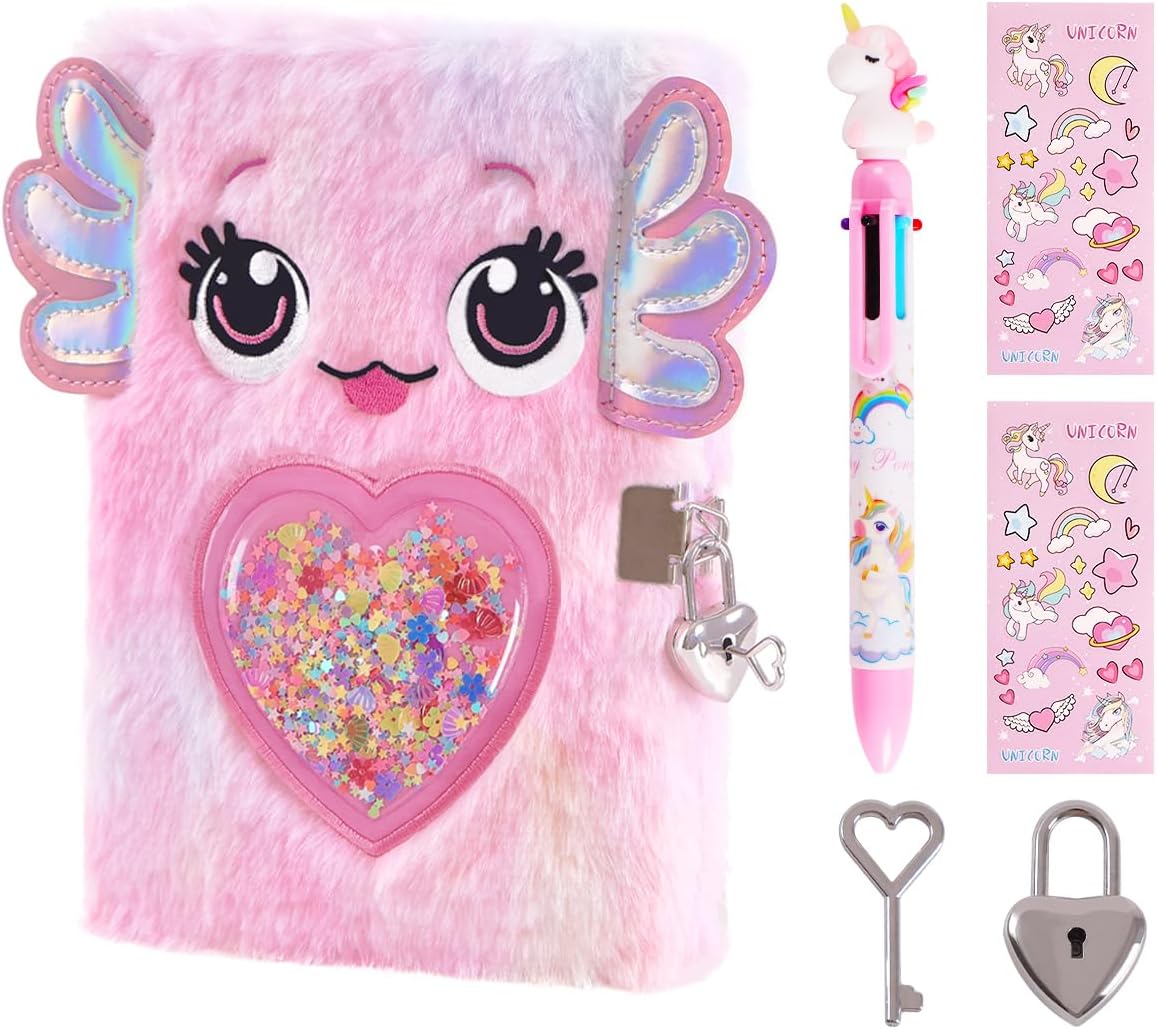 Axolotl Girl's Diary, Lock & Key, Multi-color Pens, Stickers