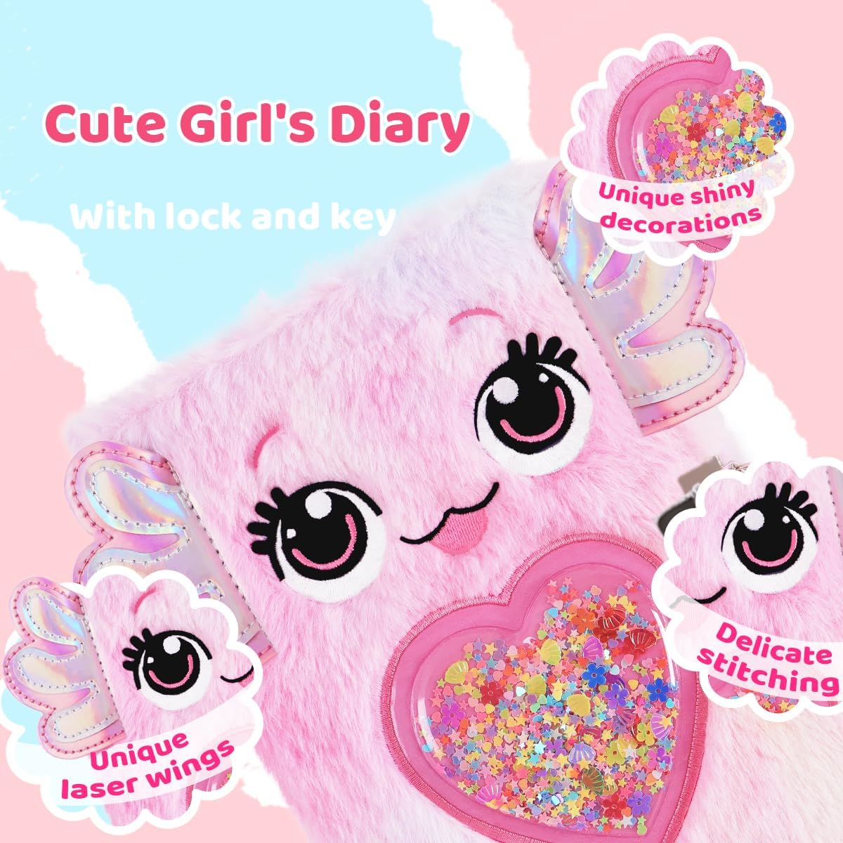 Axolotl Girl's Diary, Lock & Key, Multi-color Pens, Stickers
