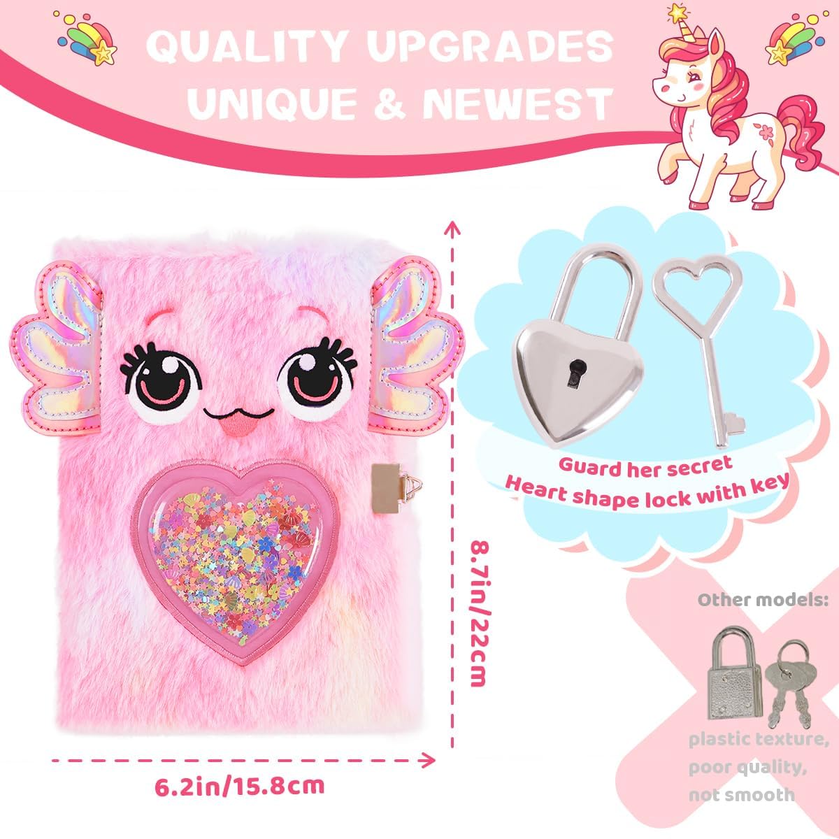 Axolotl Girl's Diary, Lock & Key, Multi-color Pens, Stickers